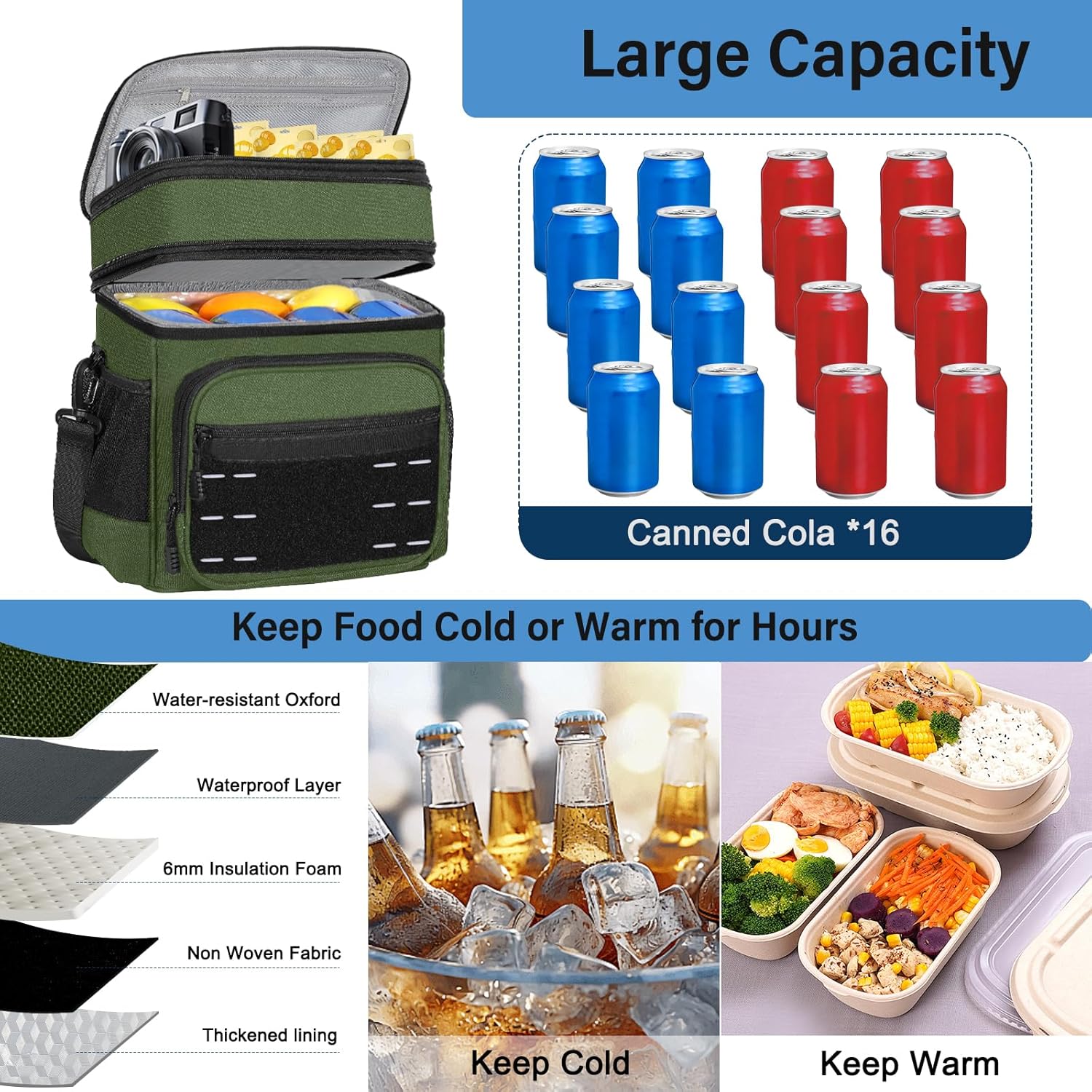 Lunch Box Cooler Bag - Insulated Tactical Lunchbox for Men - Large Lunch Pail for Adults Work Outdoor Shifts Trips Army Green 16L - Image 5