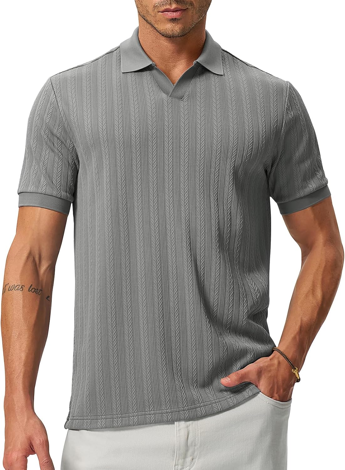 Rdruko Men's Knit Polo Shirts, V Neck Collared Textured Dress Short Sleeves Golf Business Casual Ribbed Summer Light Sweater