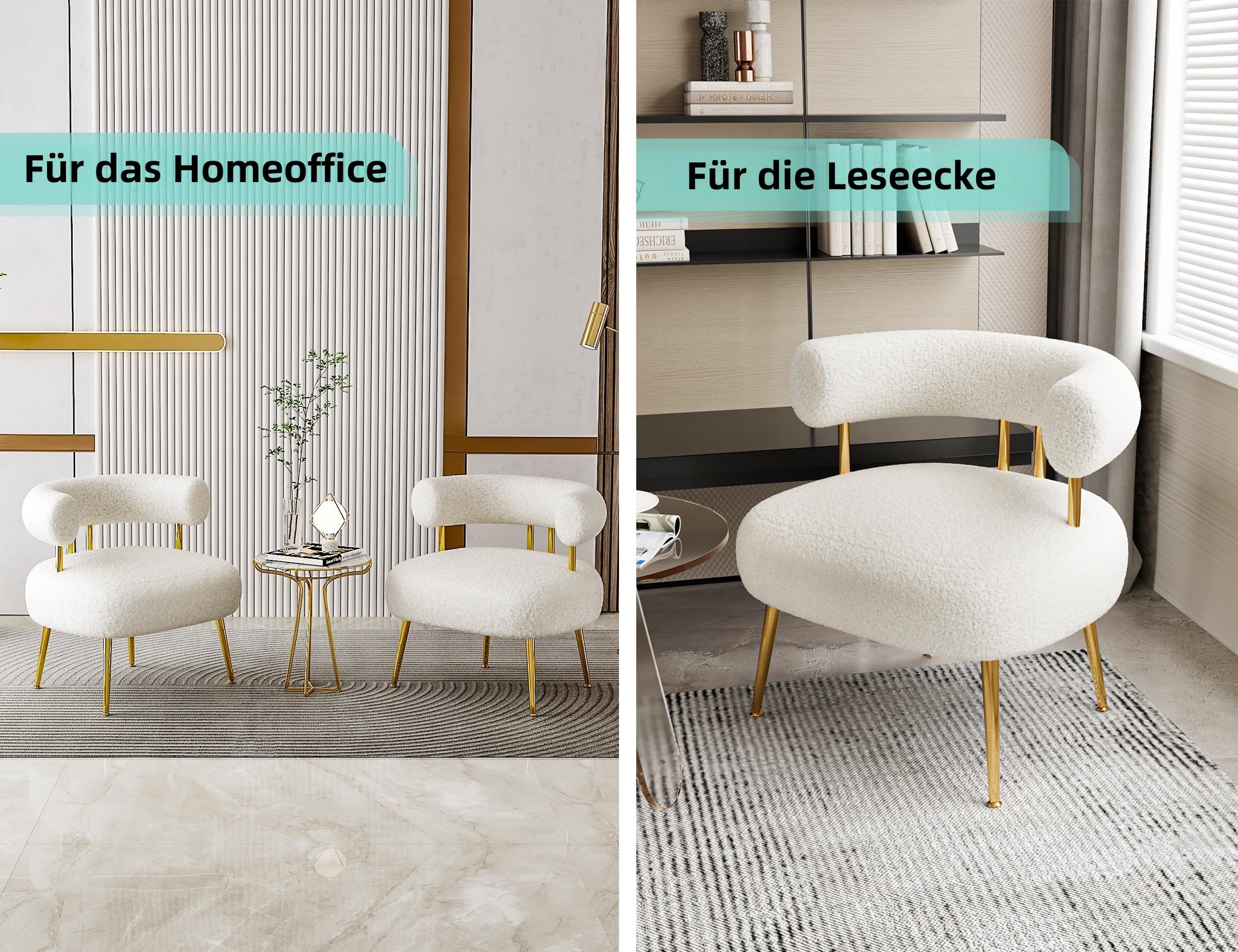Teddy Sessel mit Sherpa-Bouclé, Polsterstuhl mit goldenen Metallfüßen, Loungesessel mit U-Rückenlehne, Akzentstuhl für Wohnzimmer, Schlafzimmer, Büro oder Schminktisch(Weiß)