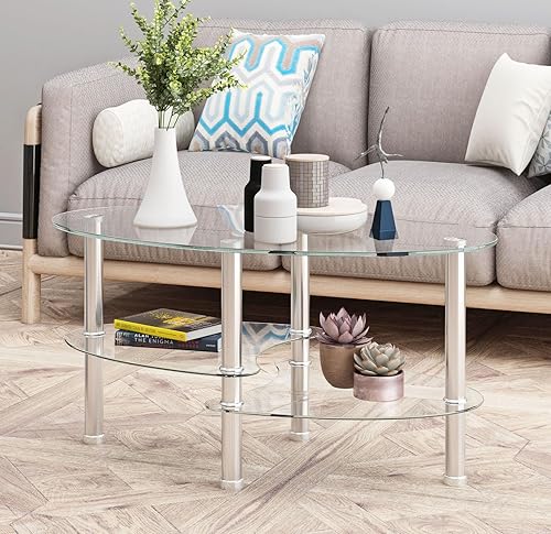 Miniatura 8 de Mesa de centro de vidrio ovalada, mesa de té de vidrio templado de 3 niveles, moderna mesa auxiliar de vidrio ovalada, mesa de vidrio de 3 capas con