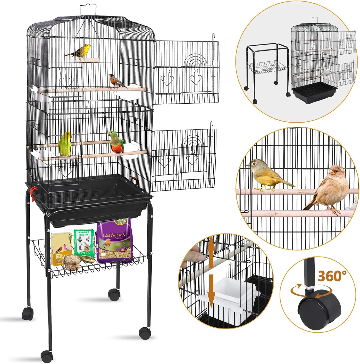 SUPER DEAL 59.3''/ 53'' Rolling Bird Cage Large Wrought Iron Cage for Cockatiel Sun Conure Parakeet Finch Budgie Lovebird Canary Medium…