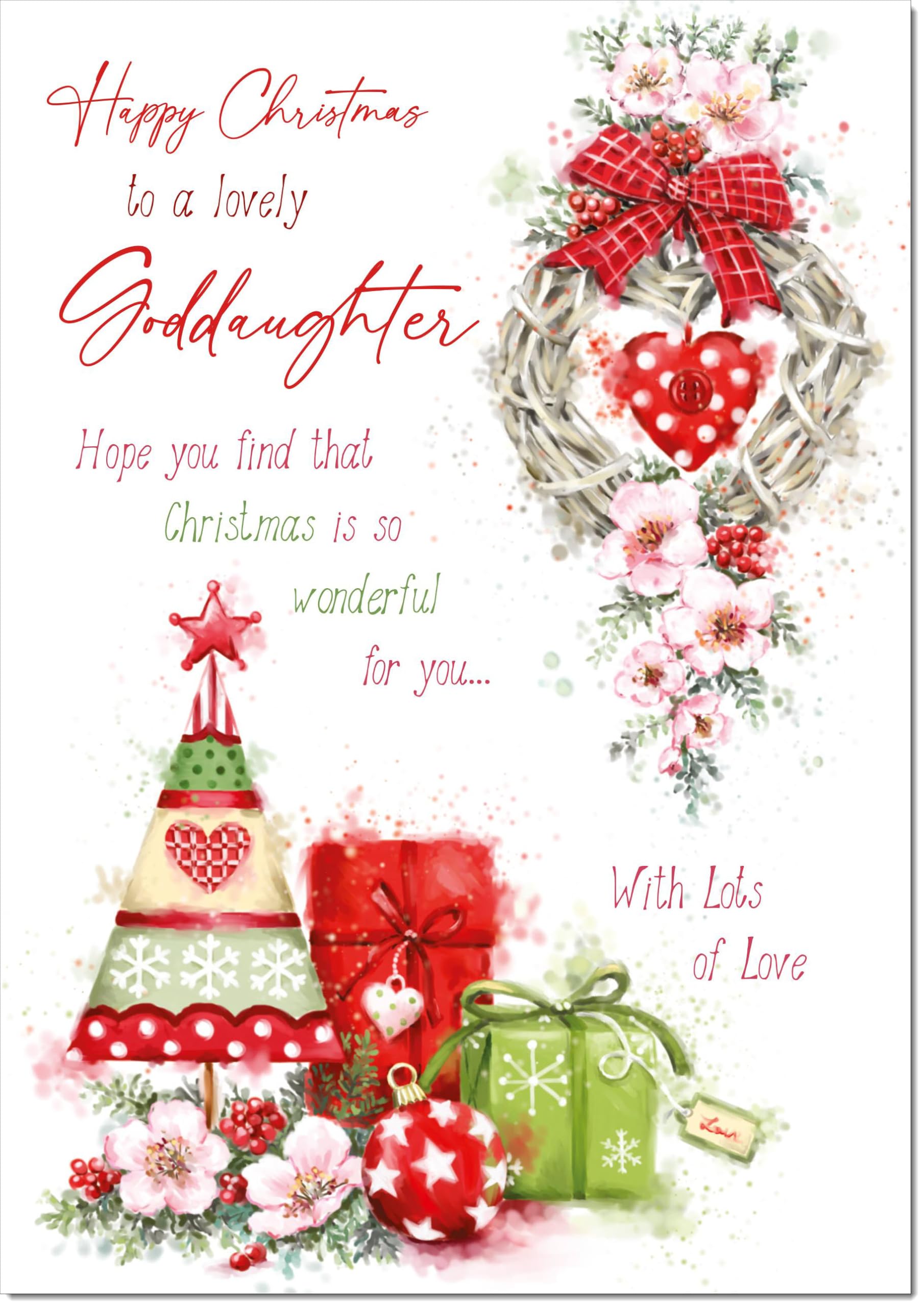 doodlecards Goddaughter Christmas Card Heart Decorations Large A4 Size Christmas Card for Goddaughter with Plain Envelope