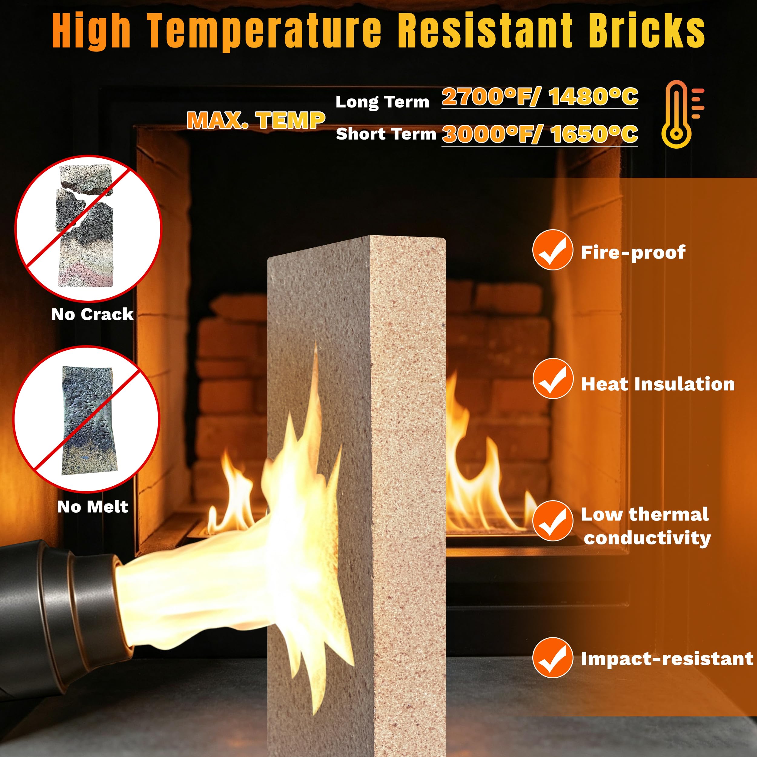 Mattoni refrattari, 22,9 x 4-1,3 x 1,9 cm, mattoni refrattari per stufe a legna, camini, forni per pizza e bracieri, resistenti alle alte temperature, resistenti all'acqua, materiale argilla, per uso