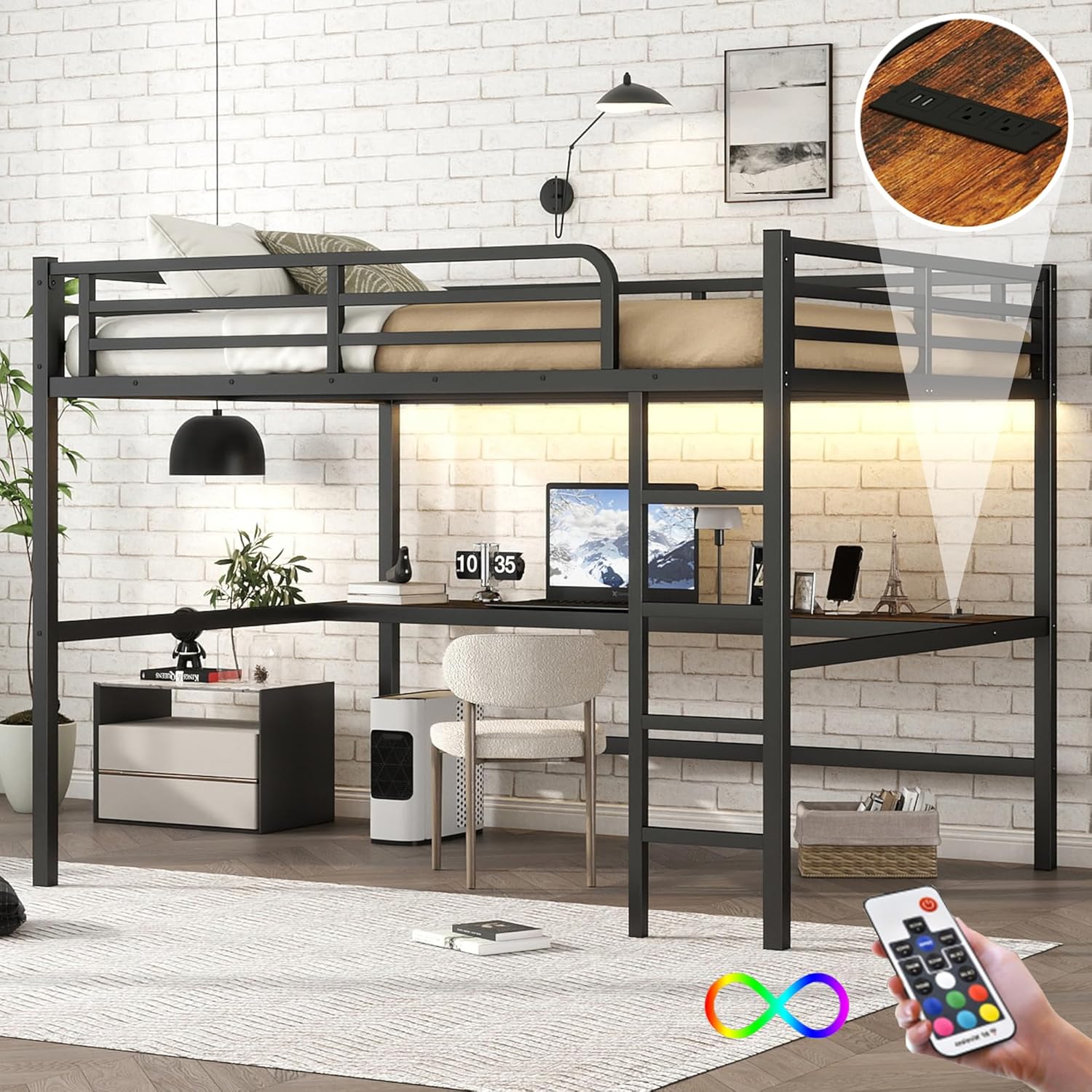 Heavy Duty Loft Bed with LED Lighted and Power Outlet, Queen Size Loft Bed with Storage and Desk for Kids, No Box Spring Needed, Black