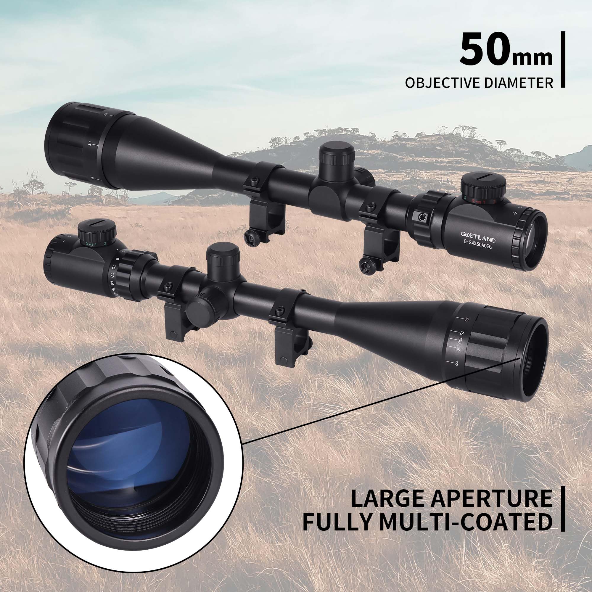 Goetland Lunettes de Visée 6-24x50 AOEG Telemetre Red Dot Rouge Vert Illuminé Rangerfinding SFP pour Tactique Chasse Airsoft Arbalète Carbine Tir Sportif