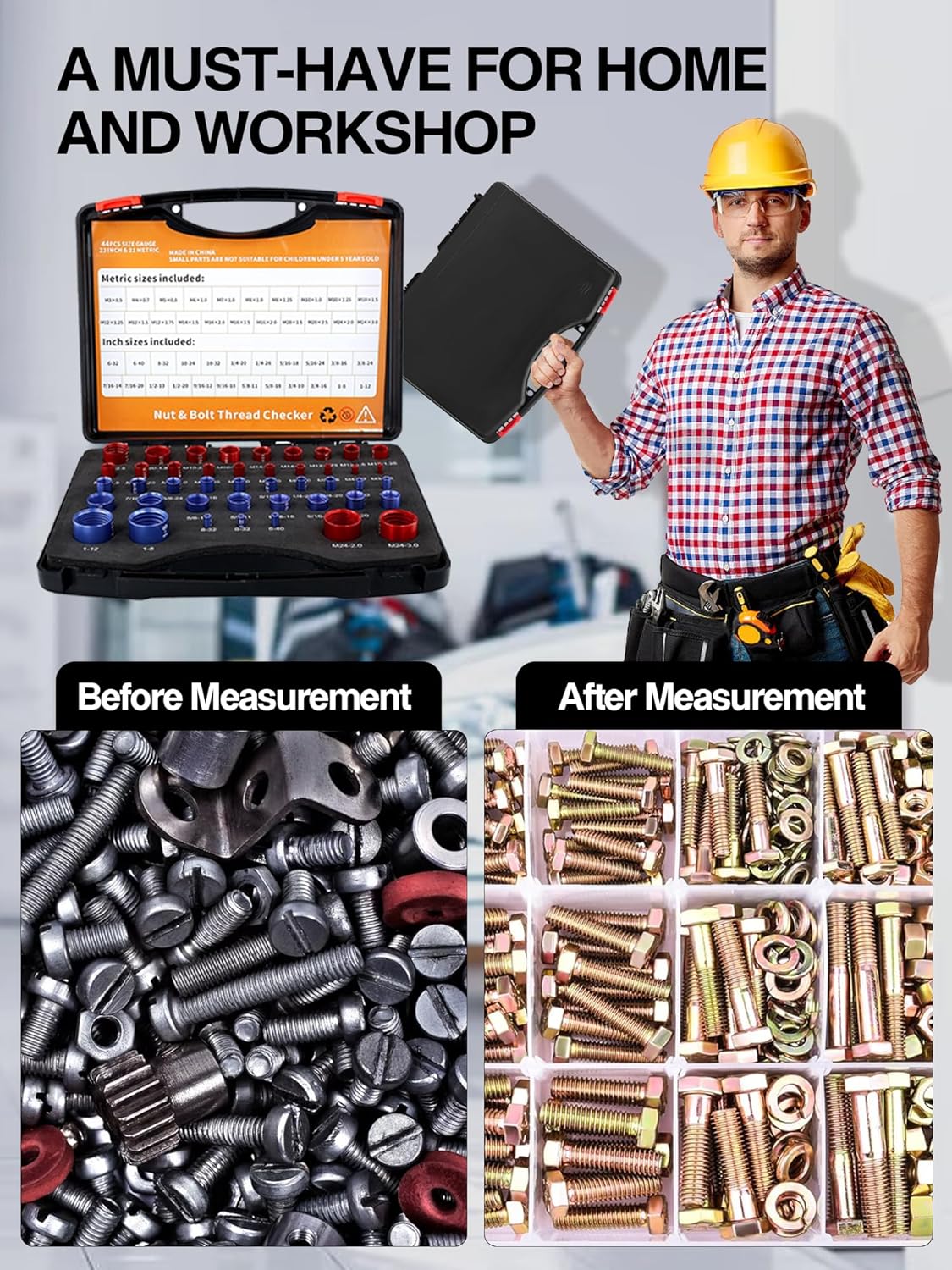 44pcs Nut and Bolt Thread Checker Inch & Metric Bolt and Nut Identifier Gauge Thread Checker Standard and Metric Suitable for Size Checker of Bolts or Nuts in Narrow Areas