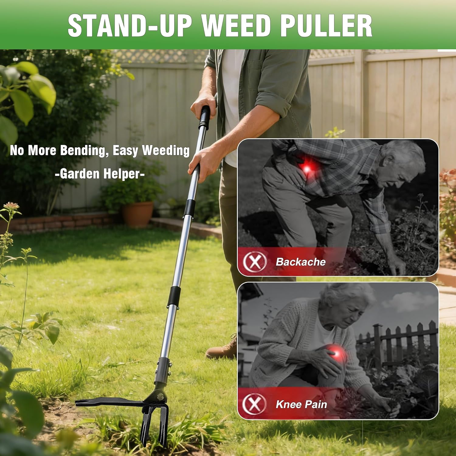 Weed Puller Tool, Stand Up Weed Puller with Stainless Steel Long Handle, 6-Claw Heavy Duty Steel Head, Weeder Tool for Garden, Easily Remove Weeds Without Bending/Kneeling