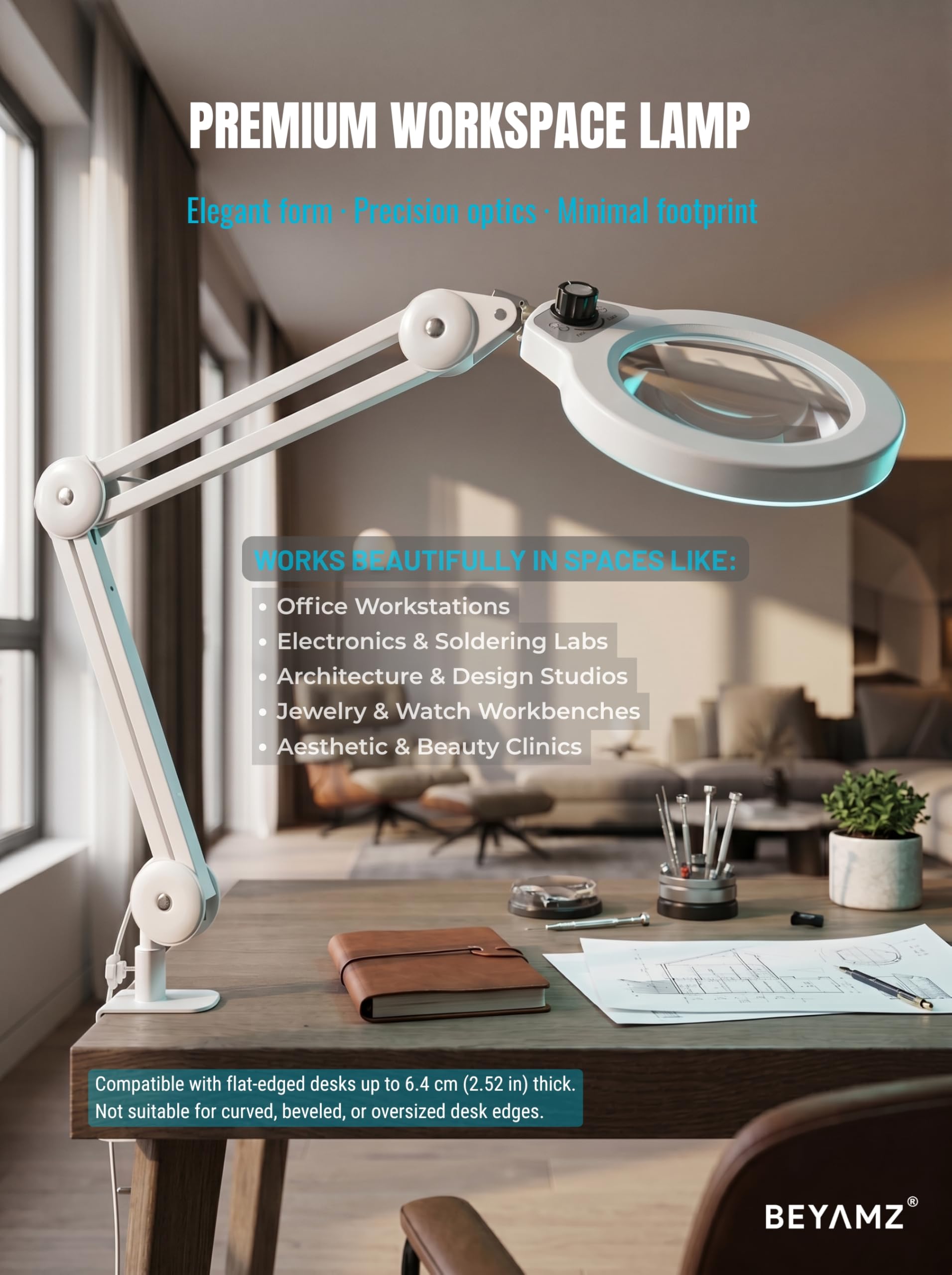 Lámpara Lupa LED de 125mm con Brazo de Muelles Internos, Blanco | Lente de 5 Dioptrías, Diseño Minimalista, Abrazadera de 6,4 cm, Luz Regulable, Ideal para Trabajos de Precisión