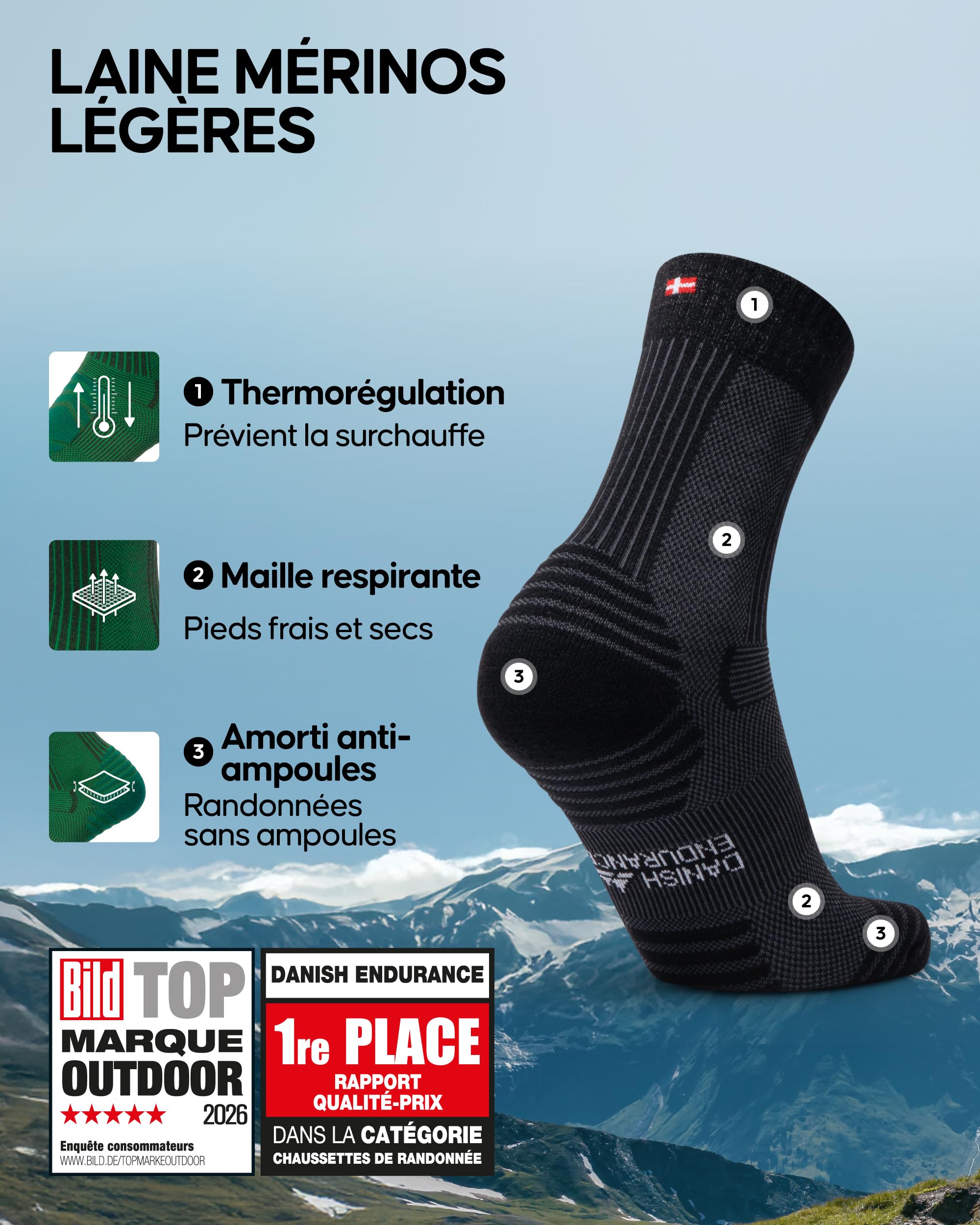 DANISH ENDURANCE Chaussettes de Randonnée Laine Mérinos Anti-Ampoules Lot de 3