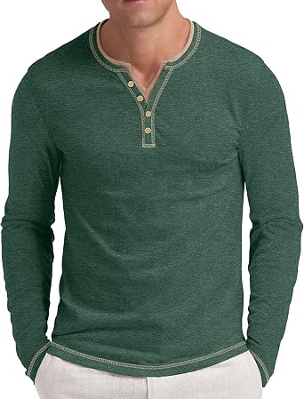 Aimeilgot Mens Henley Long Sleeve Shirts Front Placket Casual T-Shirts Washed Soft Classic Tee