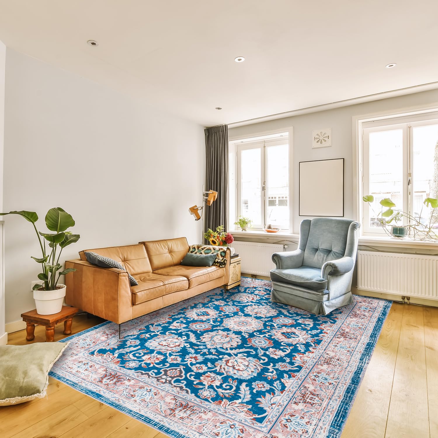 Bohemian Washable Vintage Area Rug 6x9 Large Persian Non-Slip Rug for Bedroom Living Room Oriental Medallion Non-Shedding Print Floor Carpet for Dining Room Navy Blue/Coffee