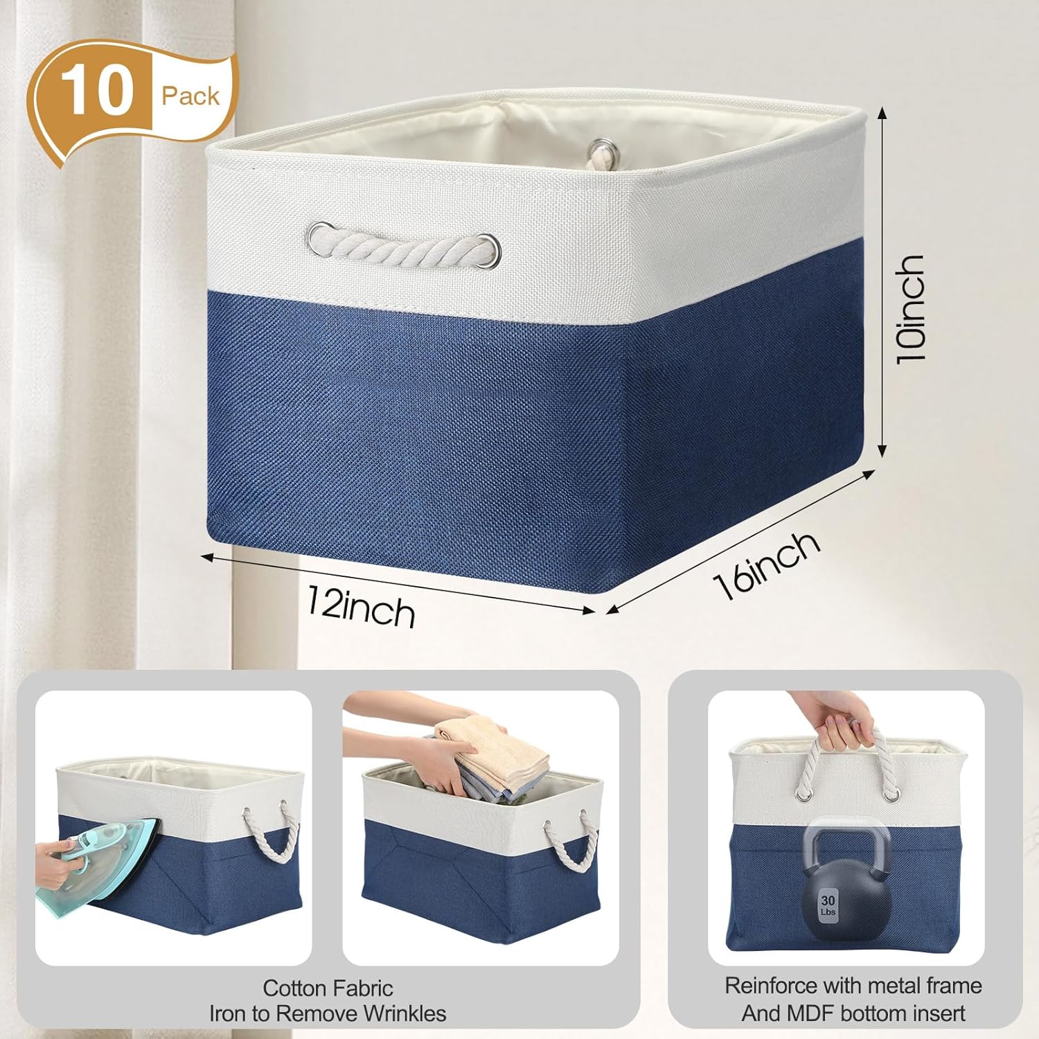 FoldTier 10 Pack Large Collapsible Fabric Storage Baskets with Handles Decorative Storage Bins for Organizing Shelves Toys Clothes(White & Dark Blue,16 x 12 x 10 Inches)