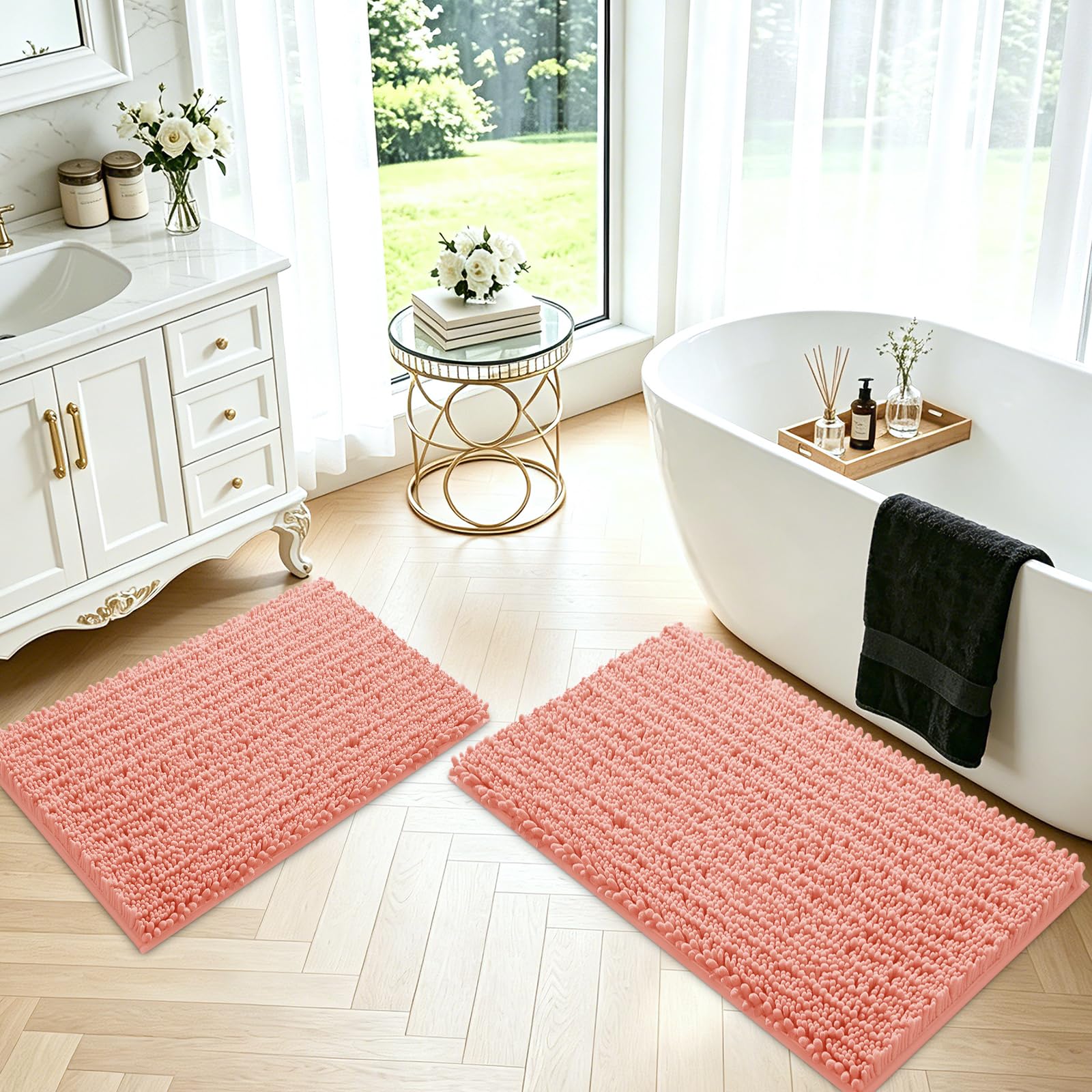 ACCUMTEK Upgrade Luxury 2 Piece Coral Toilet Bathroom Rug Mat 32"x20"+24"x17", Ultra Soft Thick Absorbent Bath Mats, Non Slip Chenille Toilet Mat for Bathroom, Bedroom, Kitchen, Shower, Tub