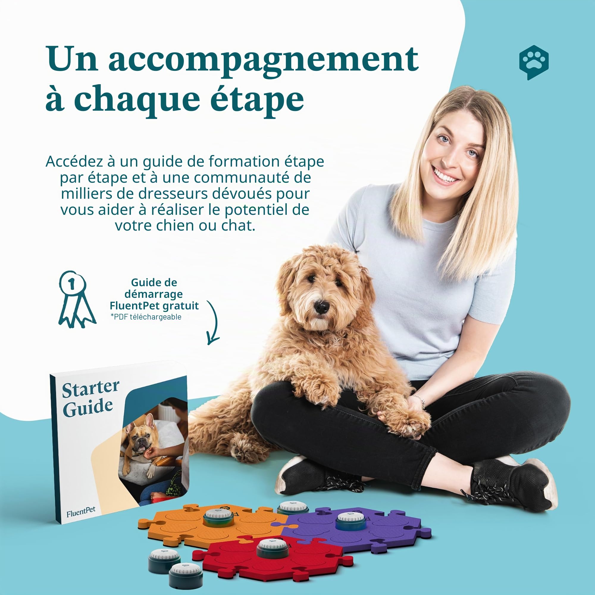 FluentPet Parlez ! Kit de démarrage avec Son Clair orienté vers Le Haut | 6 Boutons enregistrables + 3 HexTiles brevetés avec Piles pré-installées | Boutons de Communication pour Chien et Chat