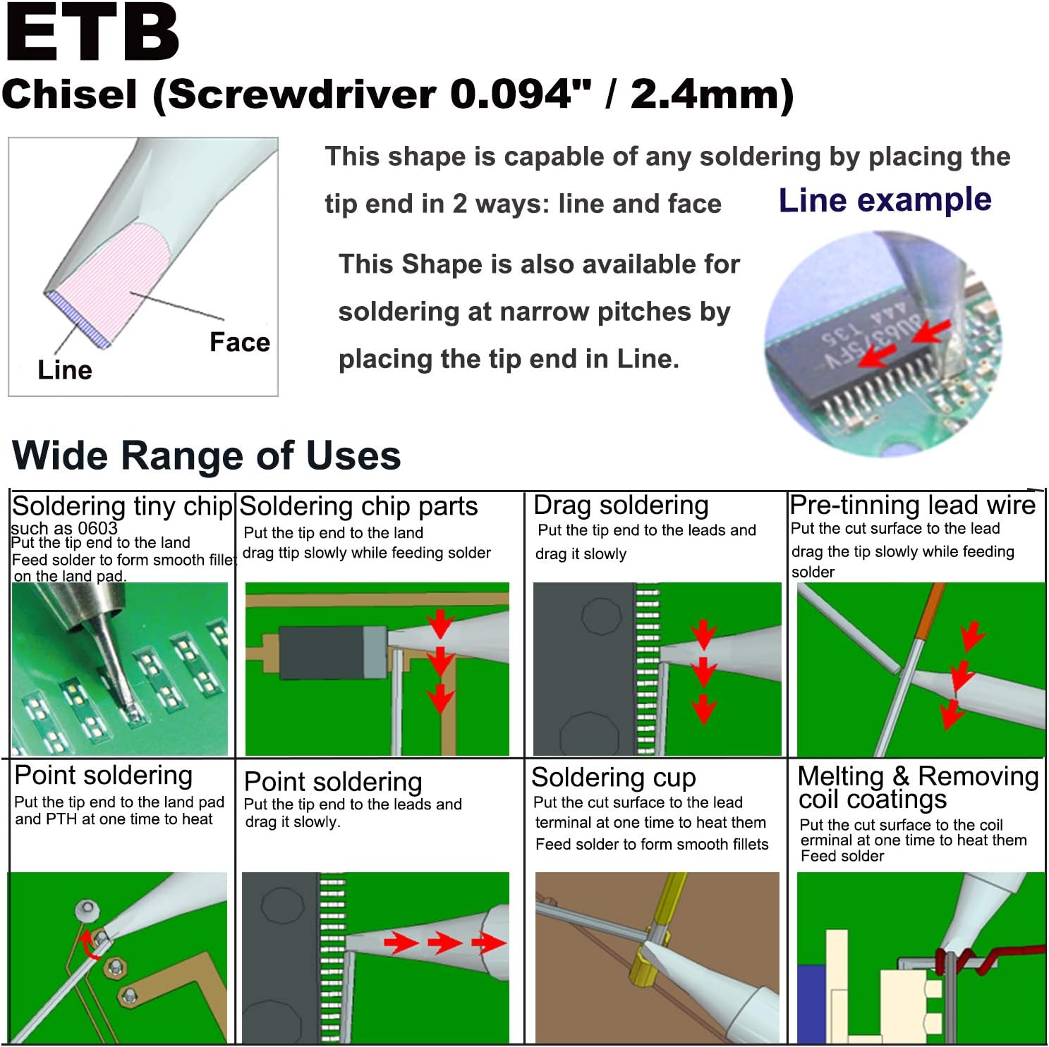 ETB Chisel Screwdriver Soldering Tip 0.094" / 2.4mm for WESD50 WES50 WESD51 WES51 PES50 LR20 PES51 LR21 WE1010NA (WE1010EU WE1010EDU) WE1010 WECP ACE Brand Solder Iron Handle Tips (20)
