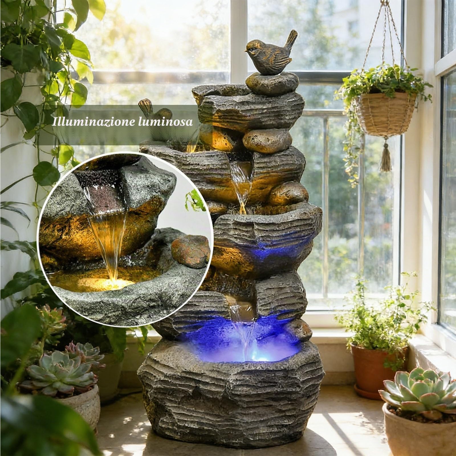 Fontana a cascata in pietra con luci LED per decorazione da giardino e patio all