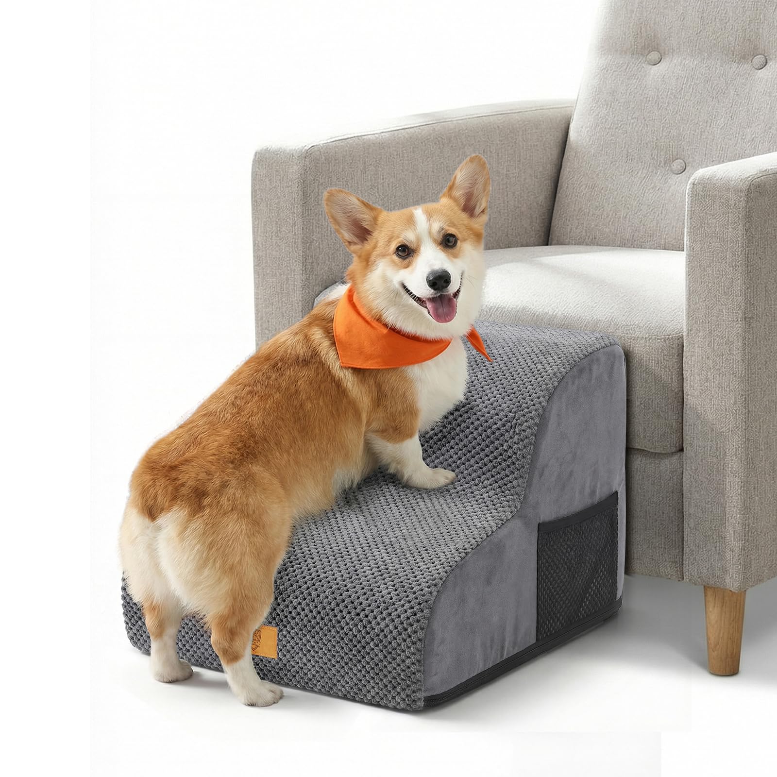 Masthome Escaleras para Perros de 2 Peldaños, Rampa para Perros de Espuma de Alta Densidad, Escalera Mascotas con Cubierta de Felpa Extraíble y Lavable, para Mayores, Gatos y Perro Mediano