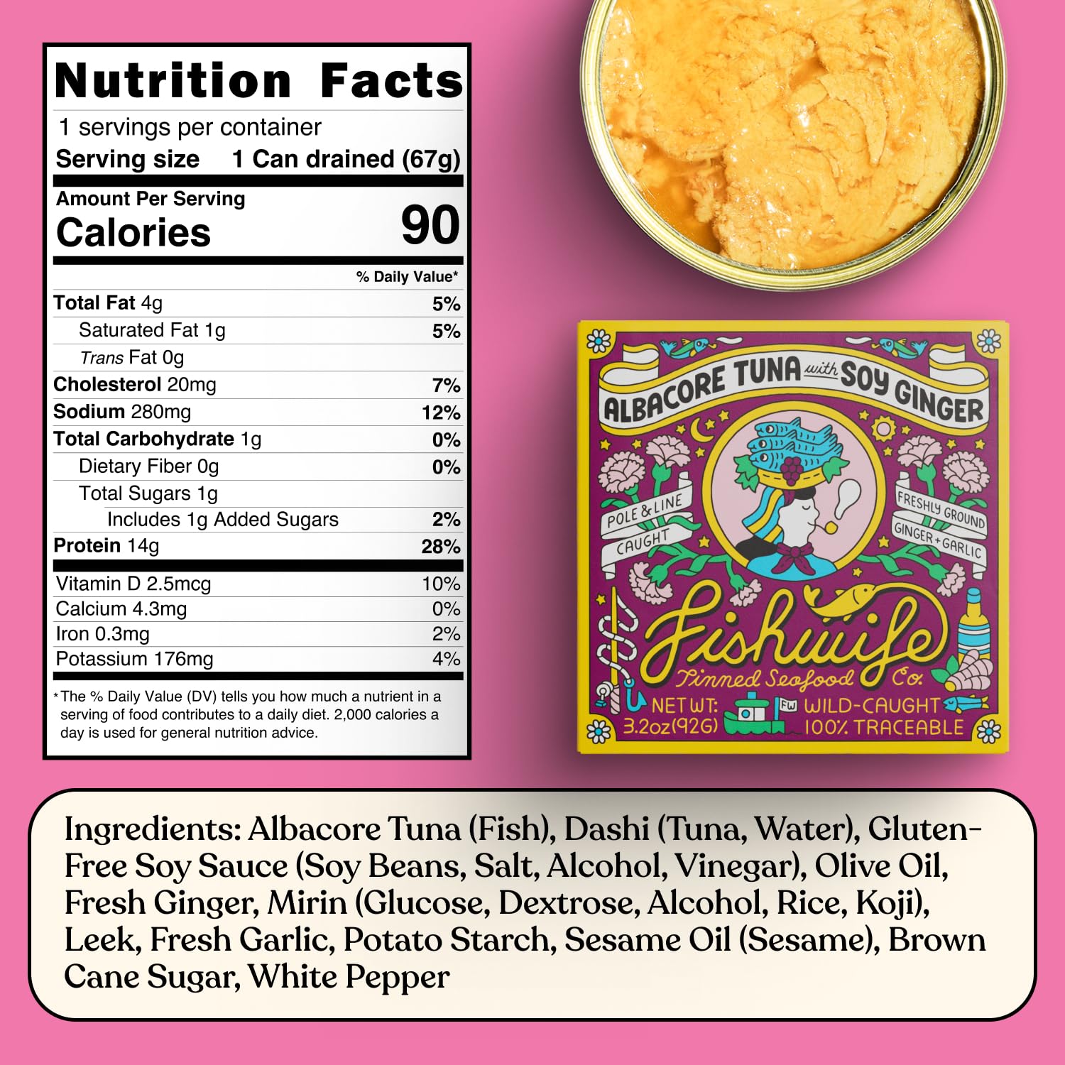 Fishwife Albacore Tuna in Soy Ginger 6-Pack (3.2 Ounce) | Wild-Caught & Hand-Packed with Freshly Ground Ginger, Gluten-Free Soy Sauce, Garlic, Sesame and Spanish Olive Oil | MSC-Certified Sustainable Seafood, Gluten Free, High Protein