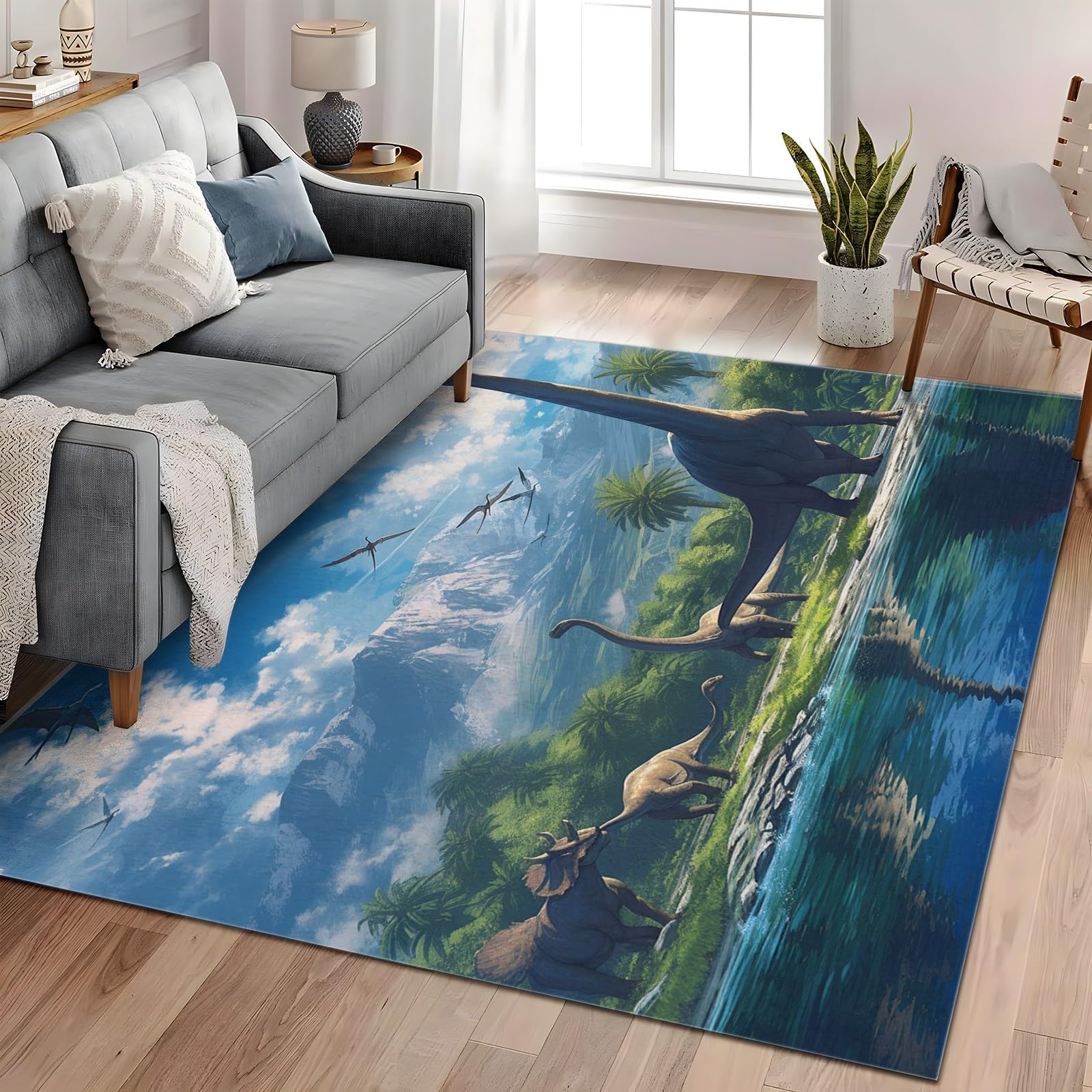 Tapis dinosaure bleu doux et résistant pour chambre