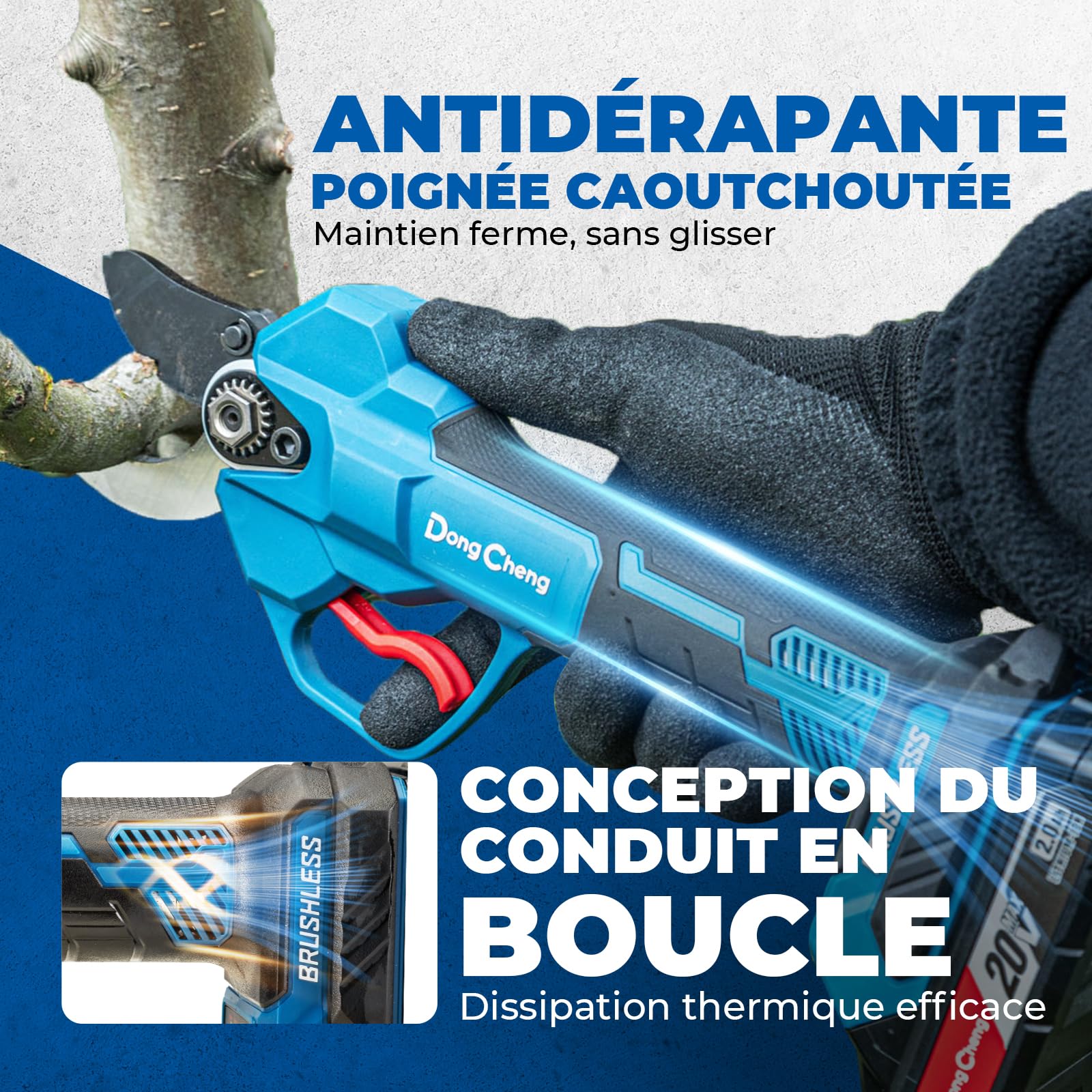 Dong Cheng Sécateur Électrique Sans Fil 20V, 4 Niveaux de Coupe Jusqu'à 35 mm, Lame SK5 avec 2 Batteries 2.0Ah, Sécateur de Jardin Professionnel à Moteur Sans Balais pour Jardin, Branche et Arbuste