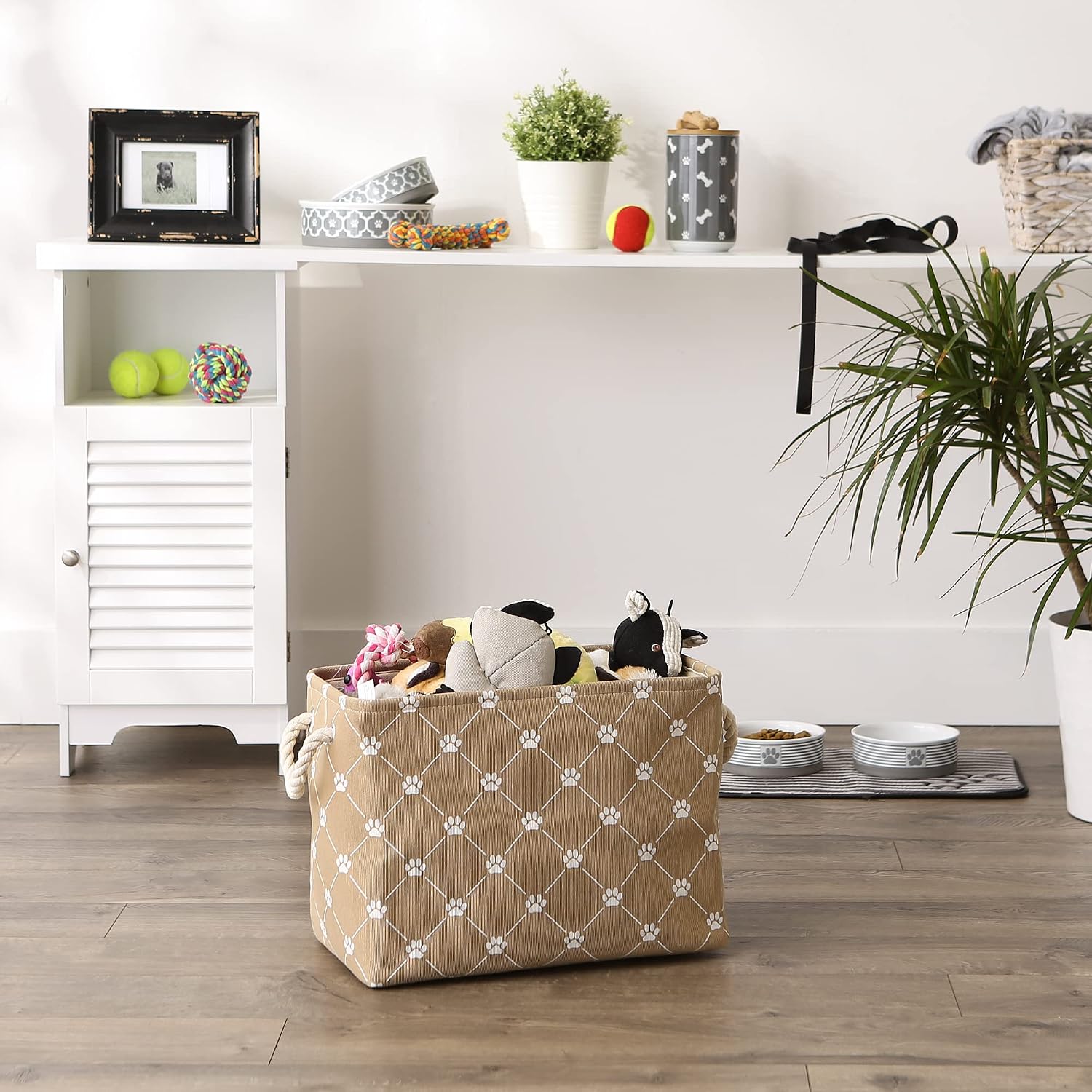 Bone Dry Pet Storage Paw and Bone, Trellis Collection, Medium Rectangle, 16x10x12, Taupe image 5