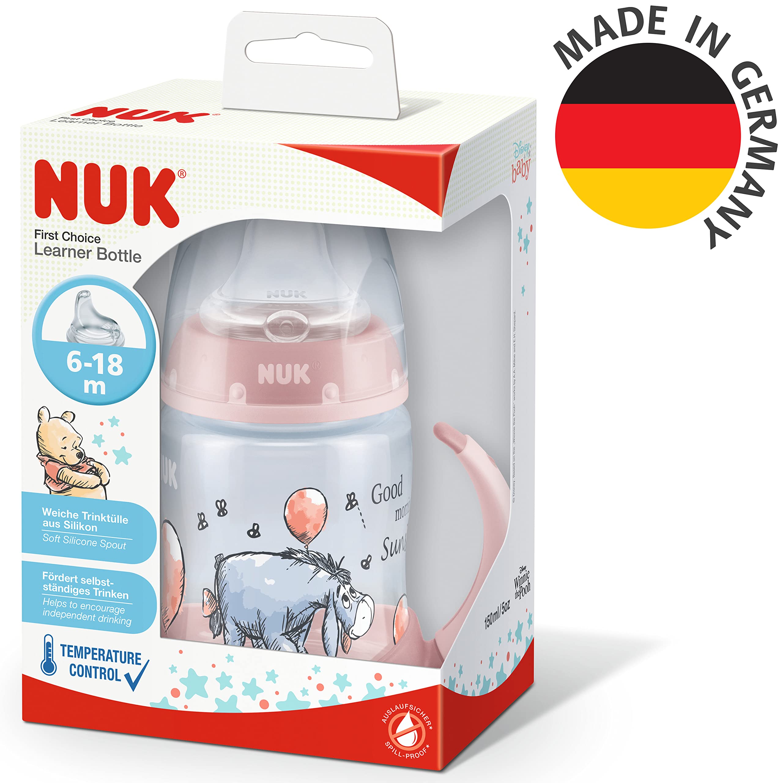 NUK First Choice Bicchiere Antigoccia 150ml 6-18 Mesi Beccuccio Silicone Anti-Colica Winnie the Pooh Rosa
