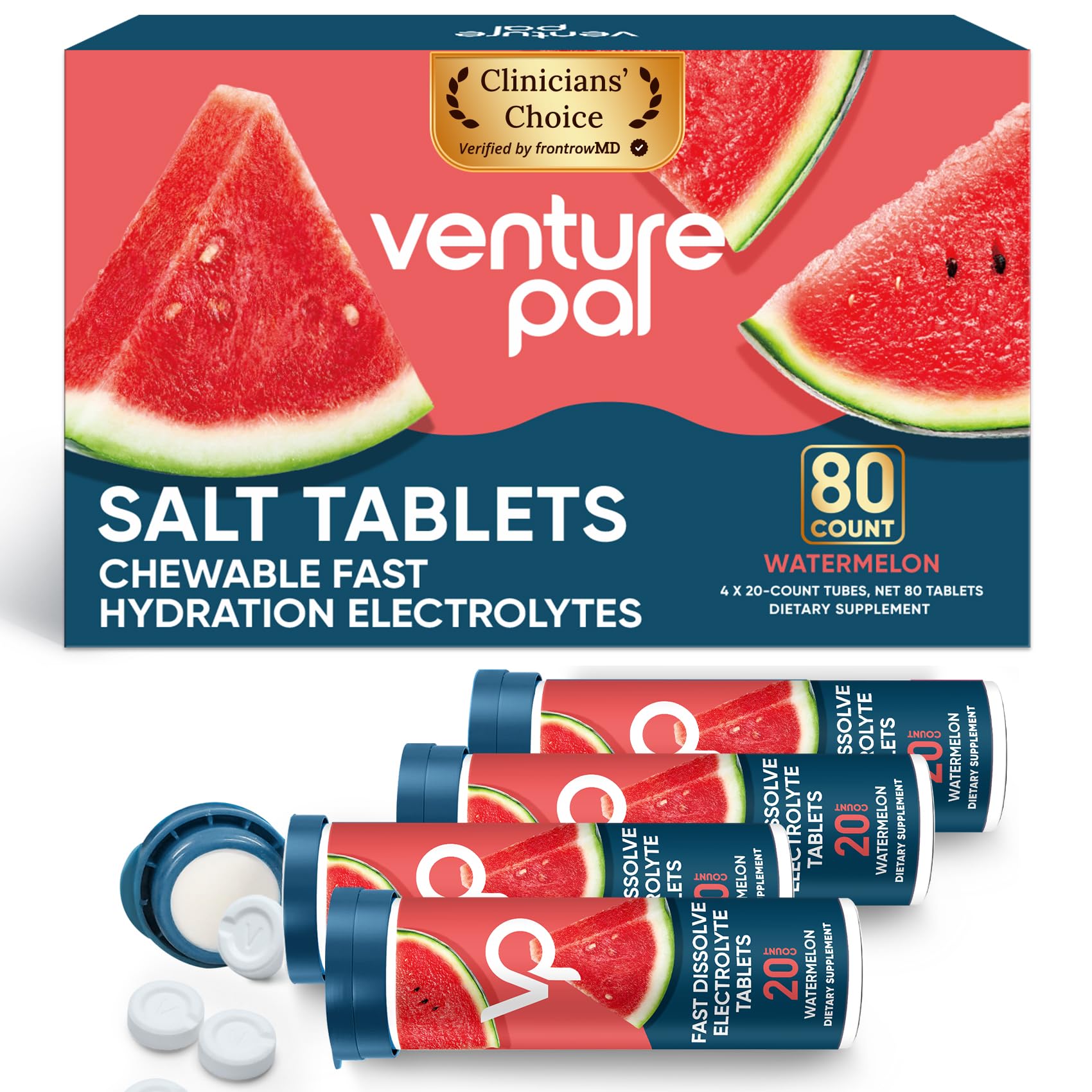 Venture Pal Chewable Electrolyte Tablets, 80 Count Fast-Dissolve Sugar-Free Stick Salt Tablets - Variety Pack for Rapid Hydration, Outdoor Running, Hiking, Sports | Keto & Vegan Friendly | 4 Pack