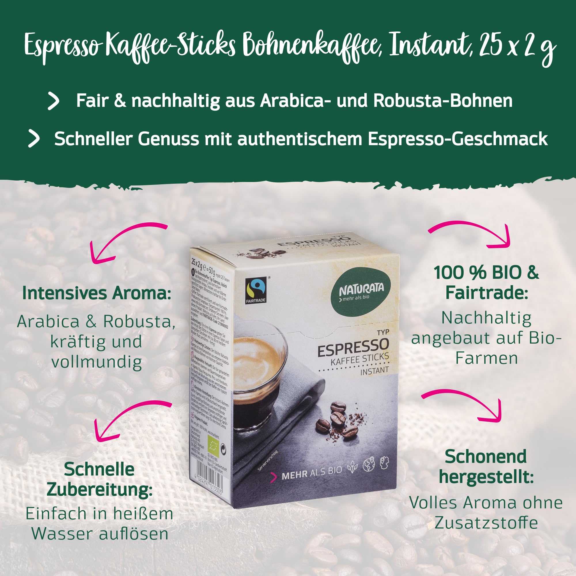 Naturata Bio Espresso Kaffeesticks - 8x50g - Fairtrade - Löslicher Kaffee