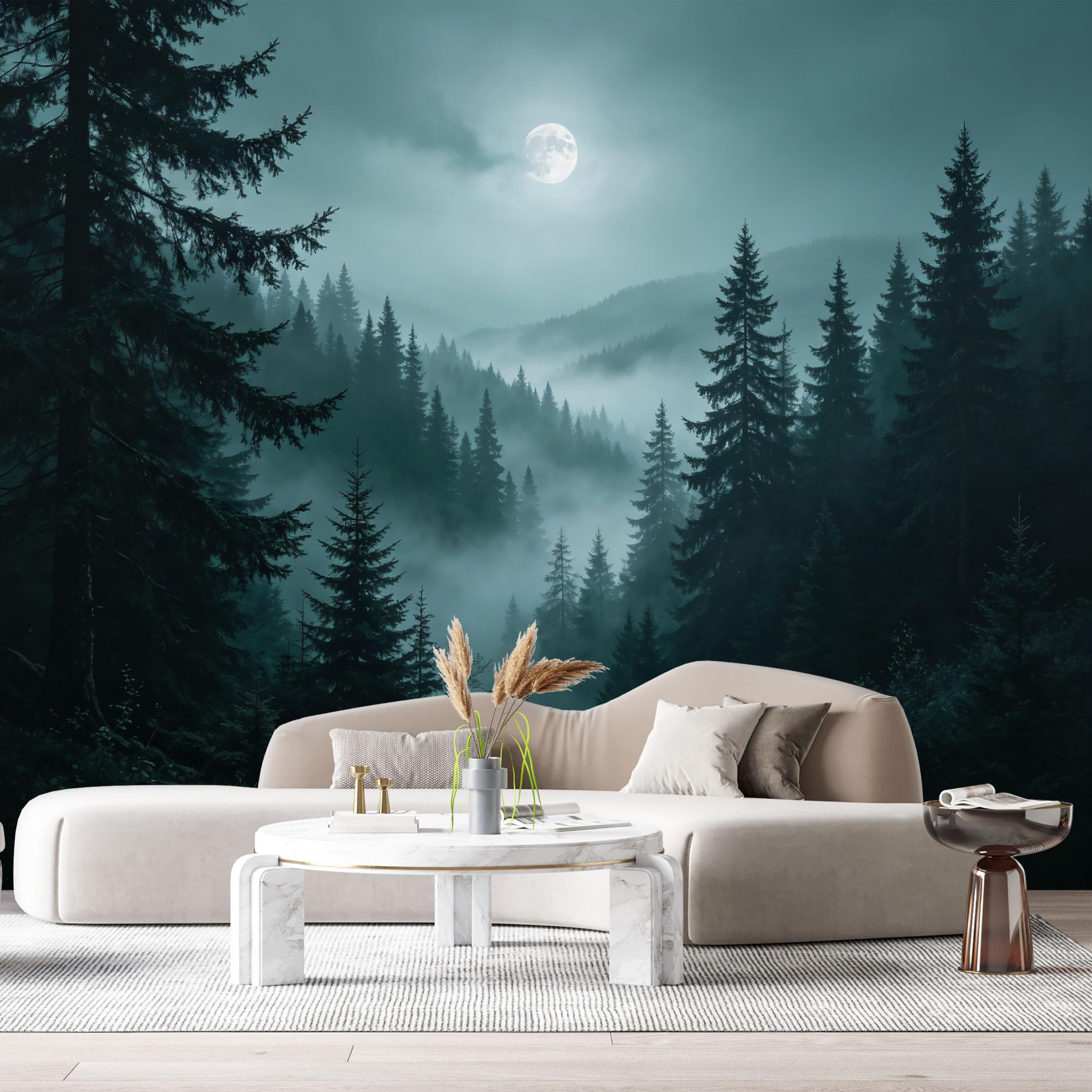 Custom Size Wall Murals Moonlit Forest Landscape Misty Pine Trees Night Mountain View SelfAdhesive Wall Fabric Removable Large Wallpaper for Photo Living Room