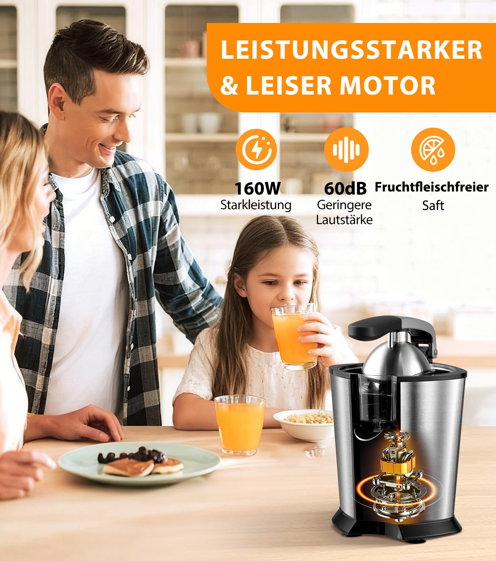 Elektrischer Zitruspresse, Zitrusentsafter mit 2 Aufsätzen und Soft-Griff für müheloses Entsaften, Geräuscharmer Edelstahl-Entsafter für Limette, Grapefruit & Zitrone, Schwarz