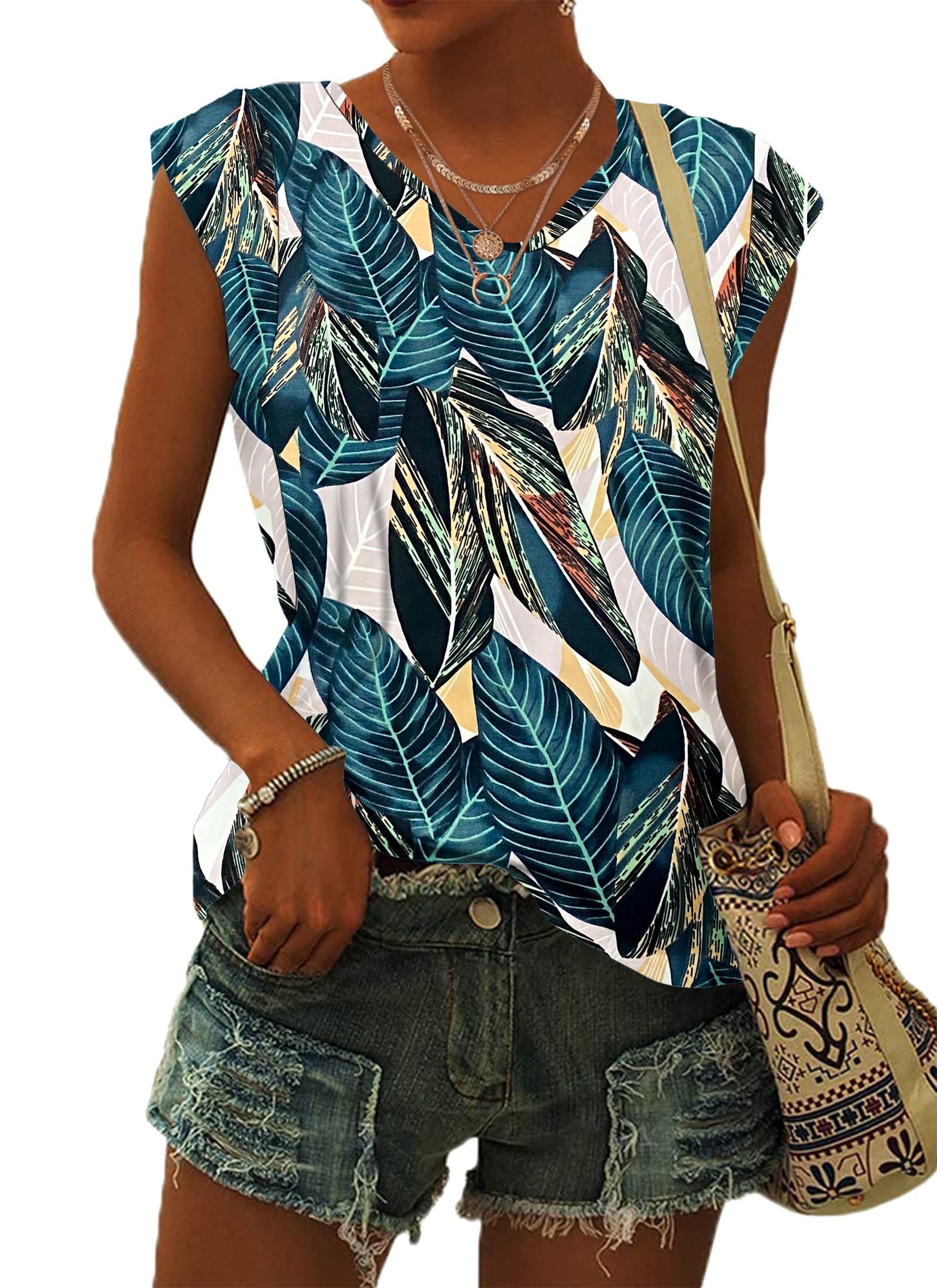 Wneedu Women's 01-Leaf Print Tops Summer T-Shirts For Uk V Neck Cap Sleeve Summer Tank Tops Blouses Leaf Print Xl