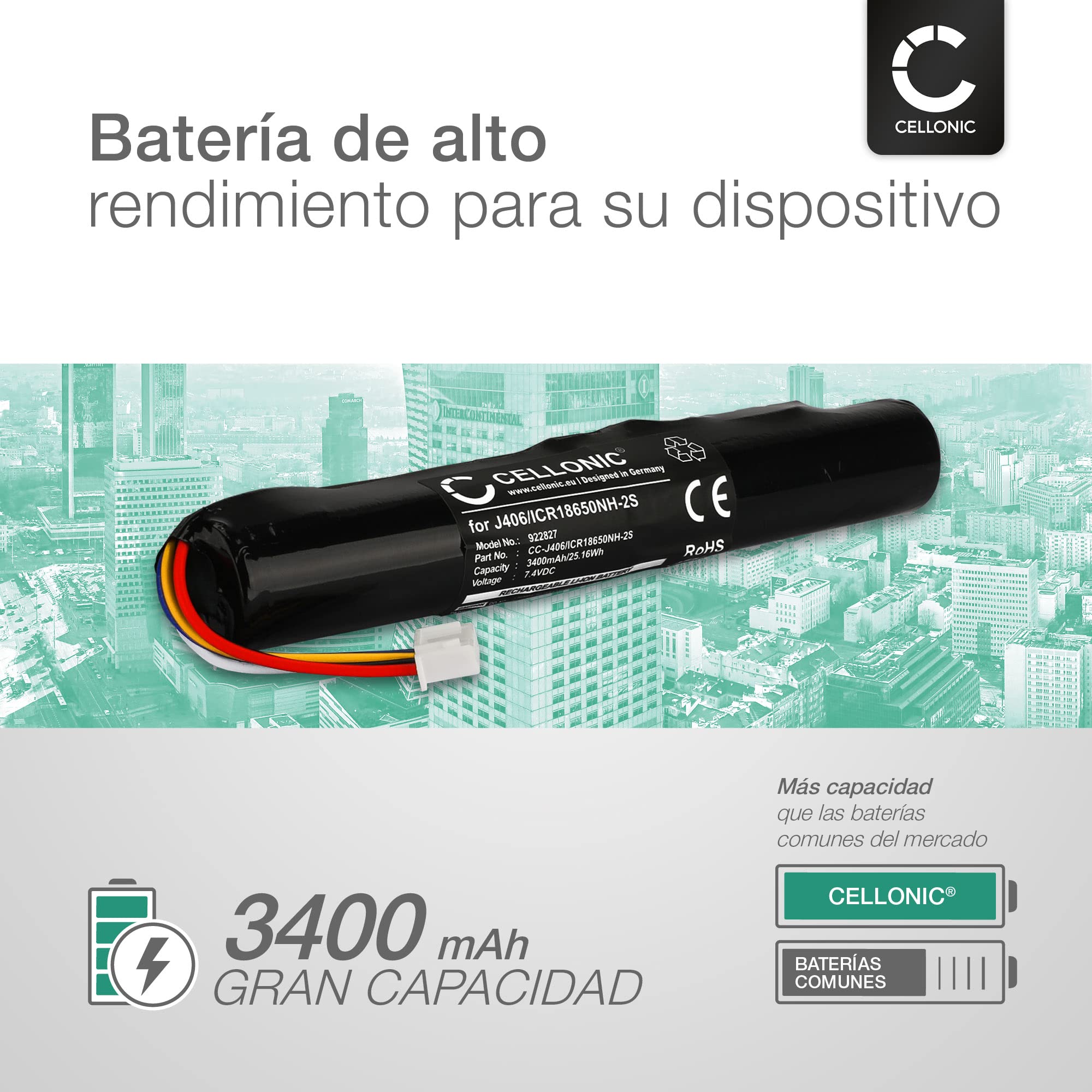 CELLONIC 1x Batería para Altavoz Compatible con Bang & Olufsen BeoPlay A2, BeoLit 17, BeoLit 15 - (3400mAh, 7.4V)