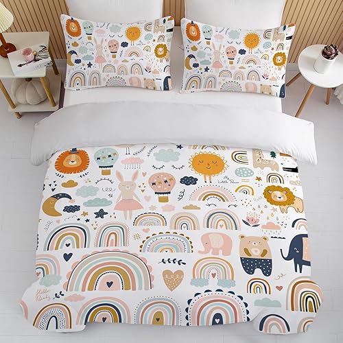 Miniatura 7 de BEDMUST Juego de funda de edredón arcoíris para niños y niñas, juego de ropa de cama tamaño individual, diseño de dibujos animados de animales