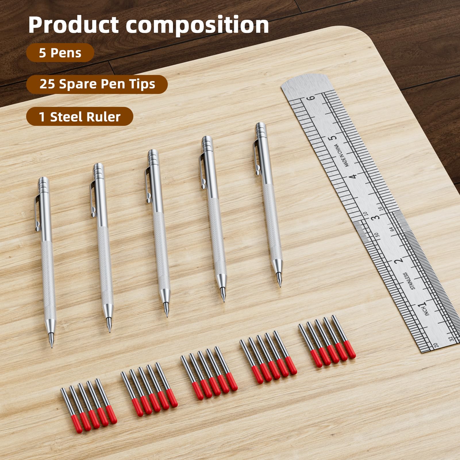 GCHMDE 5-Pack Tungsten Carbide Scriber, Metal Scribe Tool with 25 Replacement Marking Tips & Steel Ruler - Knurled Aluminum Handle & Magnet, Engraving Pen for Glass/Ceramics/Metal Sheet (5) — Amazon image 3