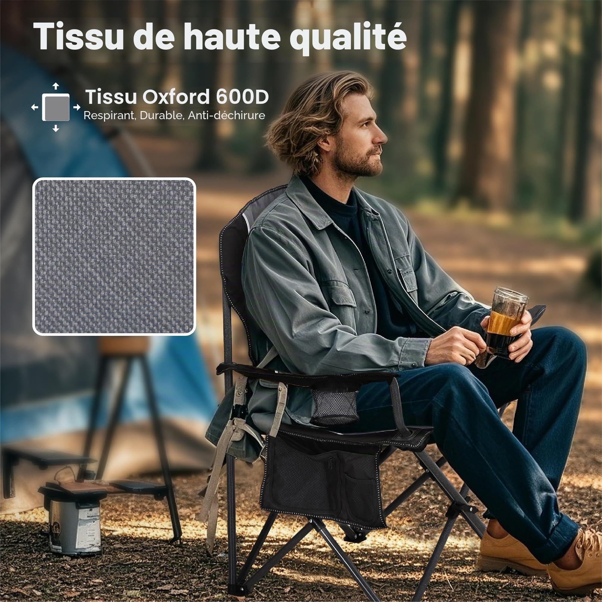 LET'S CAMP Chaise de Camping Pliable avec Porte-gobelets, Sacs de Rangement, Sac de Transport en Acier jusqu'à 160 kg, pour Le Camping, Les Voyages