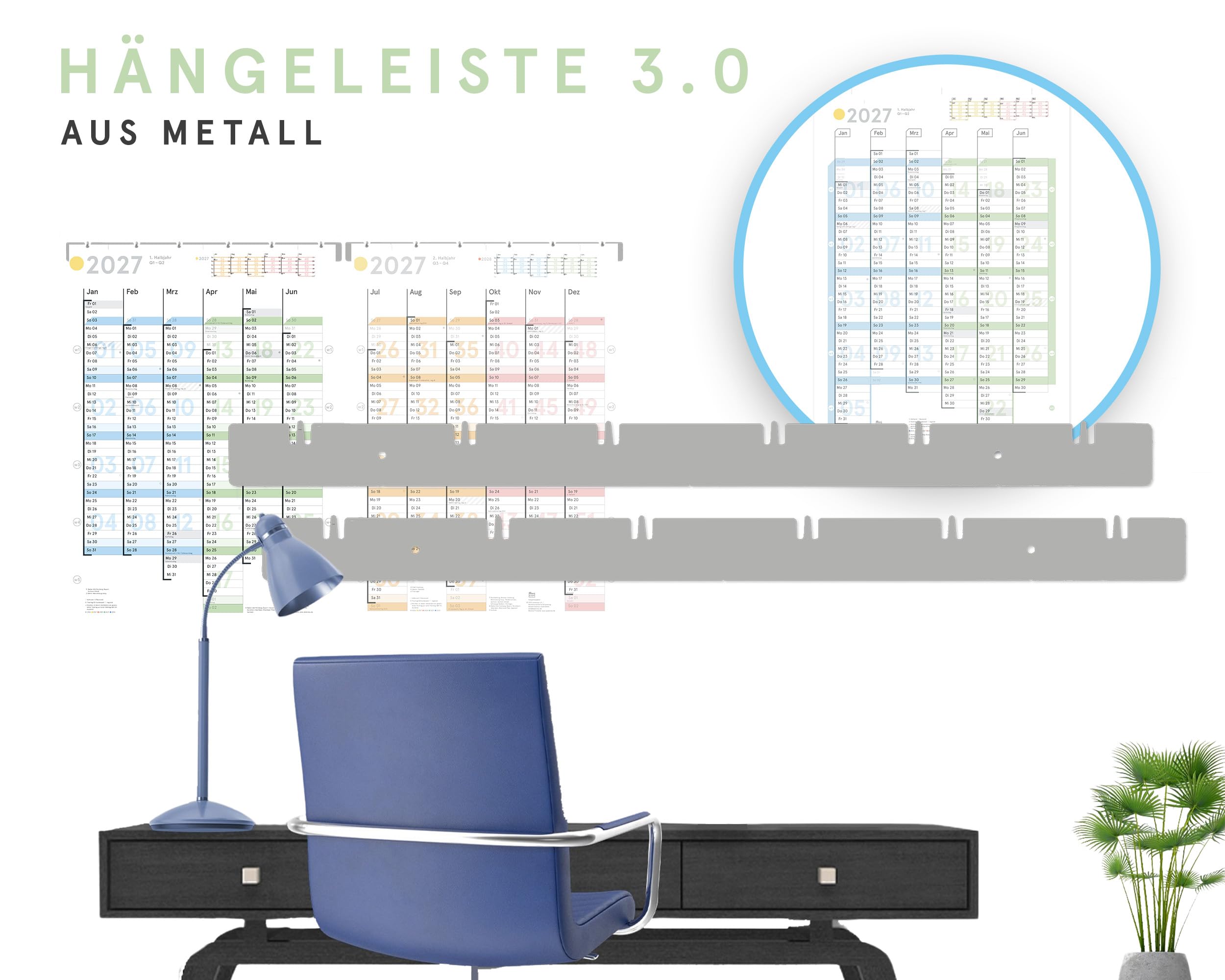 weekview Hängeleisten-Paar 3.0 (2×45 cm) – Metall-Hängeleiste für Wandkalender & Boards A5–A1 – Magnetisch, bohrfrei klebbar oder schraubbar – kompatibel mit weekview Wandplanern & Kanban Boards