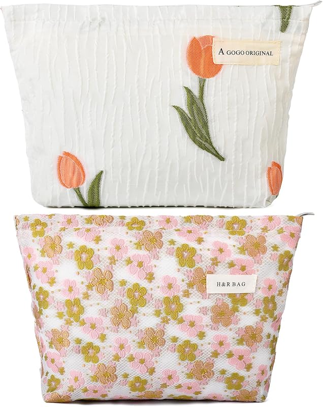 SOIDRAM Necessaire de maquiagem floral em algodão branco e rosa, 20,07 x 15,24 x 7,62 cm, Pacote com 2