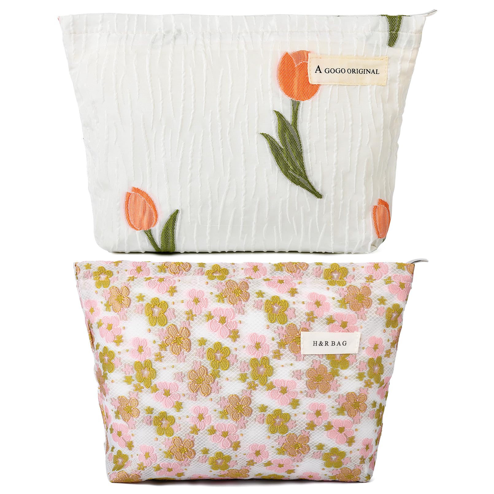 SOIDRAM 2 Pieces Flower Makeup Bag Large Floral Cosmetic Bag Capacity Canvas Travel Toiletry Bag Organizer Cute Makeup Brushes Aesthetic Accessories