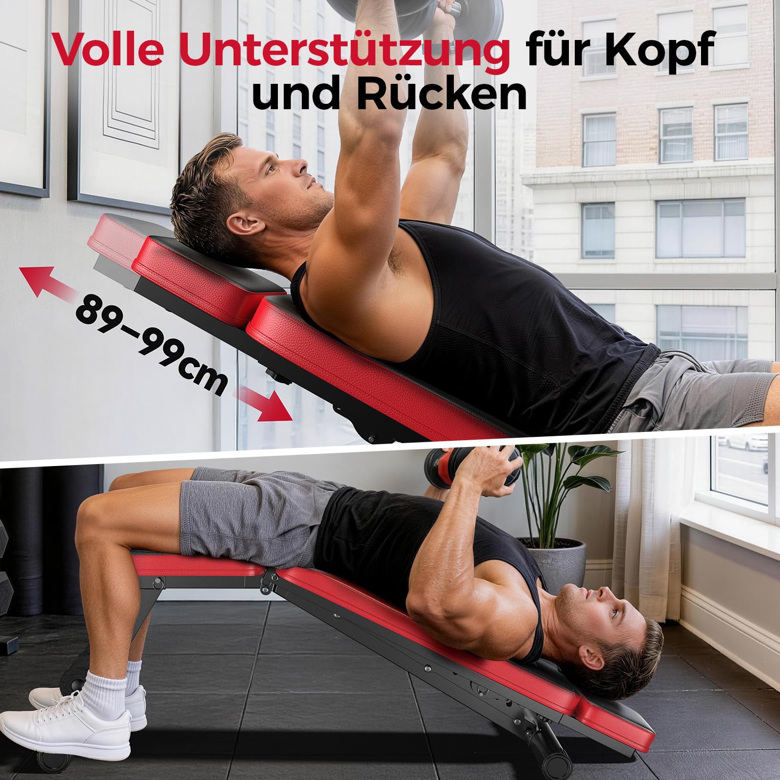 Verstellbare Hantelbank mit Kopfstütze, 300 kg Tragfähigkeit, 10-fach verstellbare Rückenlehne, doppelt gestützte Trainingsbank für Brust, Schultern und Arme, kompakt und klappbar