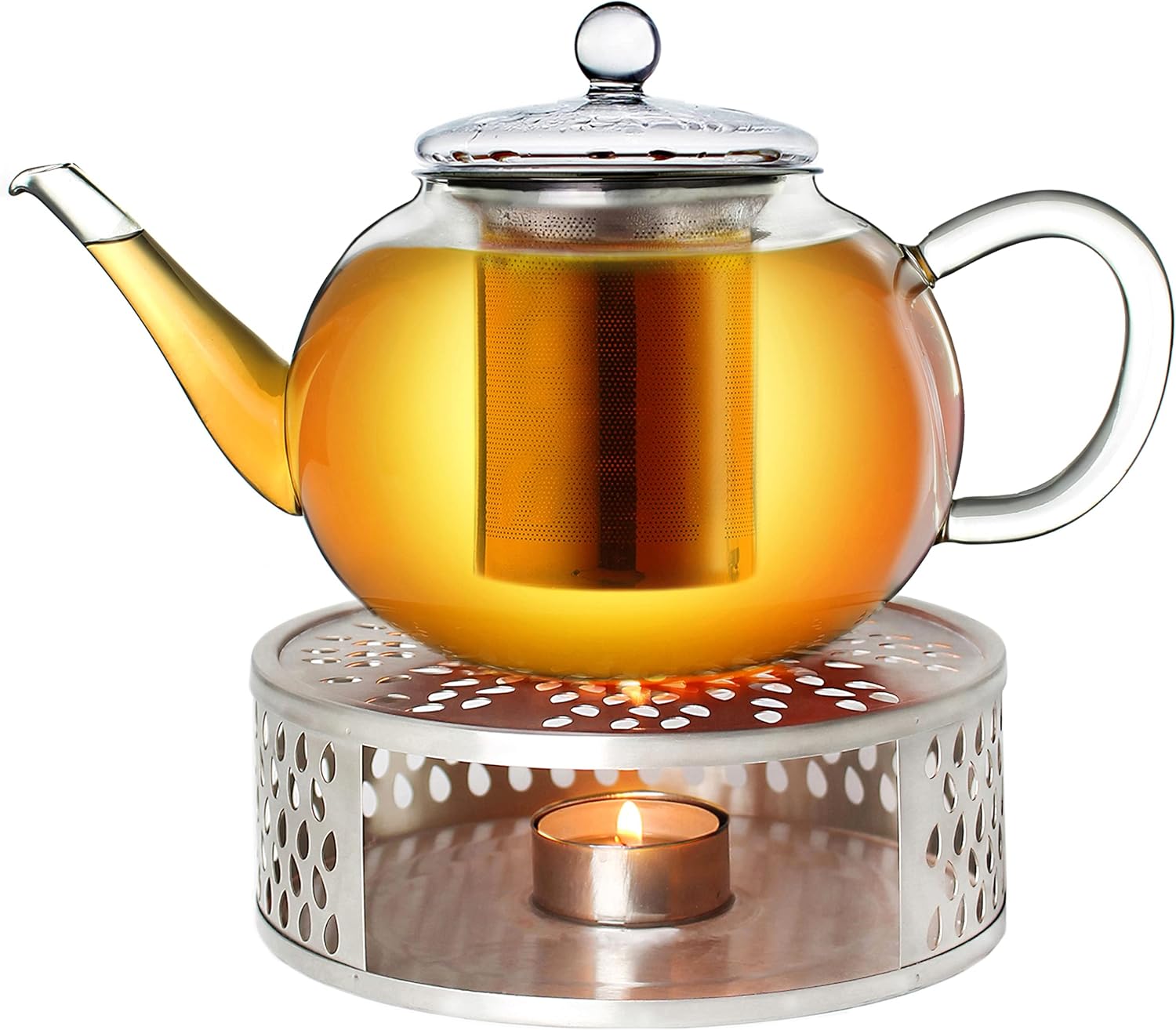 Creano Teekanne aus Glas 1,6l + ein Stövchen aus Edelstahl, 3teilige Glasteekanne mit