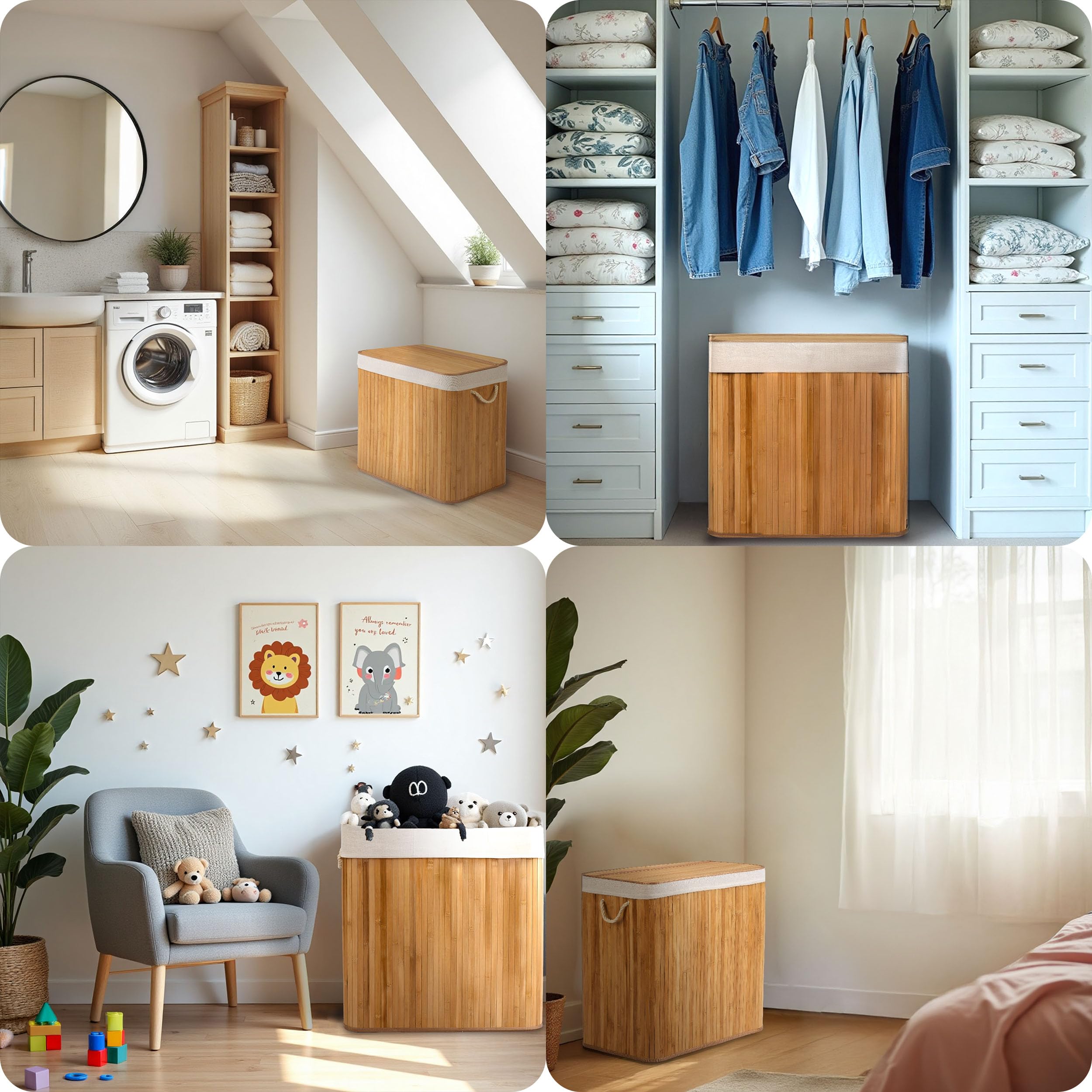 Cesto portabiancheria a 2 scomparti, 100 l, con coperchio e sacco per la biancheria, in bambù, colore beige, 61 x 54 x 34 cm