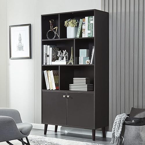 Estantería moderna con 2 puertas, organizador de estante para exhibición, biblioteca de madera con 6 gabinetes de almacenamiento para oficina en