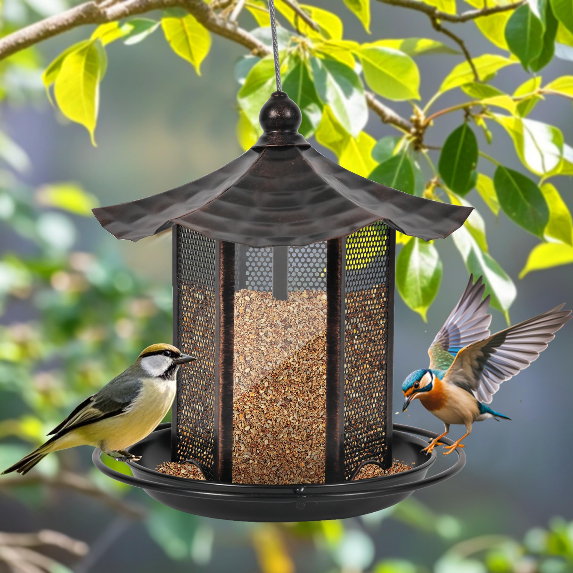 CVHOMEDECO. Mangiatoia per uccelli per esterni da appendere in metallo per uccelli selvatici, decorazione esterna da giardino a forma esagonale con tetto, rame antico