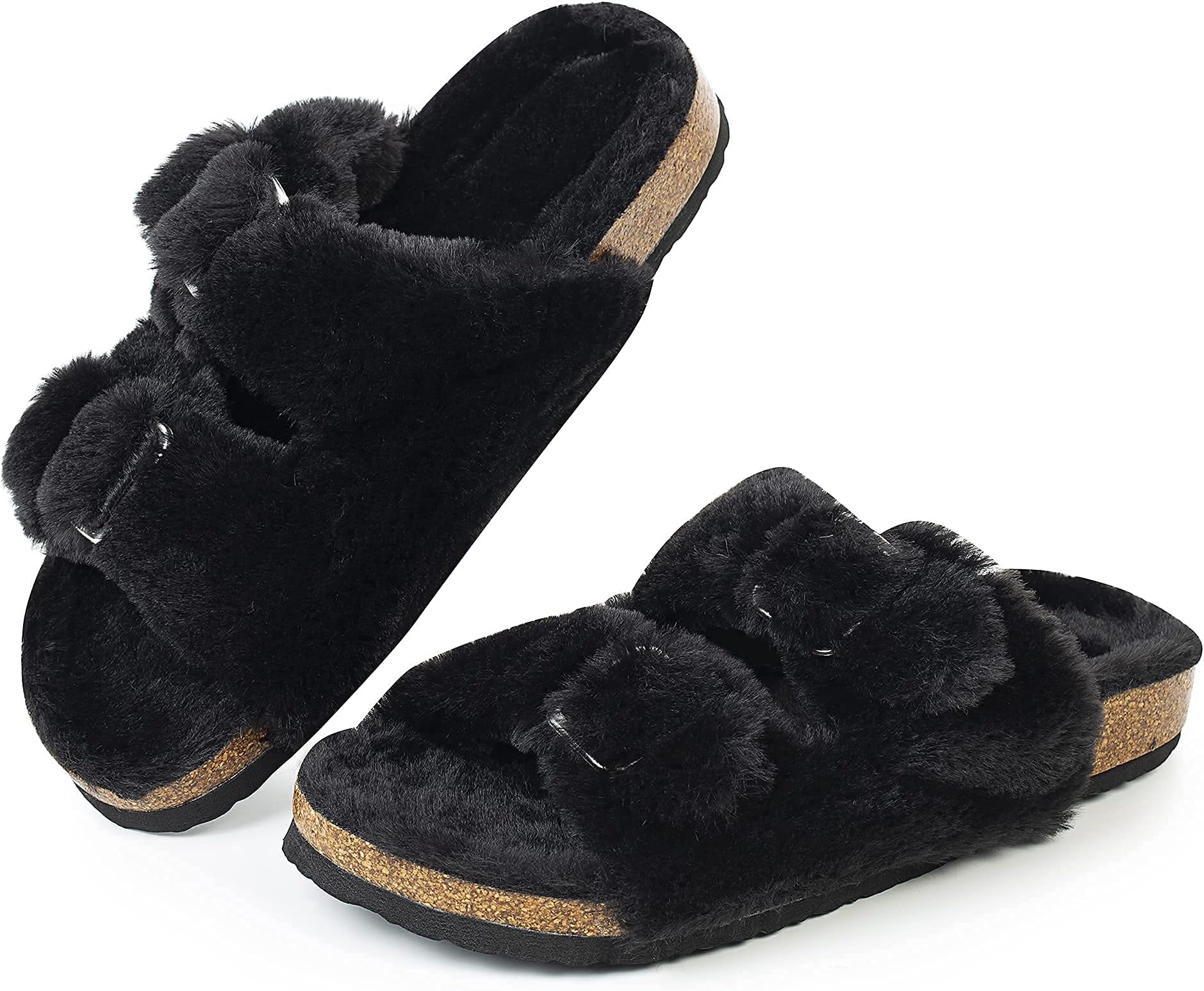 Womens Open Toe Slipper with Cozy Lining,Faux Rabbit Fur Cork Slide Sandals Size 6-11
