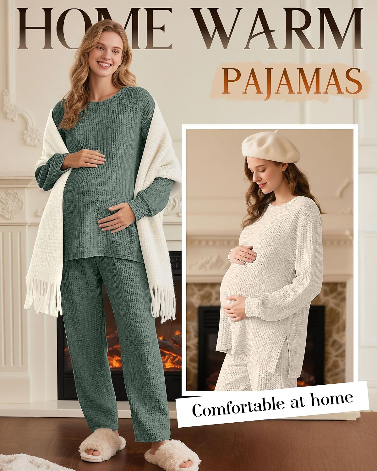 3 Pack Women's Maternity Shirts Long Sleeve Waffle Knit Side Split Oversized Tops Pregnancy Clothes Fall Tees(Coffee, Apricot, Green,Small)