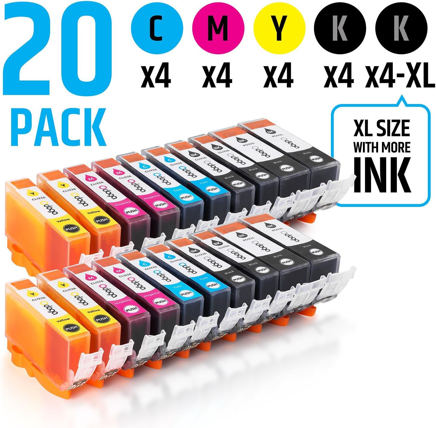 Odoga Ink Cartridge PGI-225XL PGI-225 CLI-226XL CLI-226 High Yield Combo Pack Replacement MG5220 MG5320 MG6220 MG6120 MG8120 iP4820M MX892 MX895 MX882 [4 XL Black 4 Black 4 Cyan 4 Magenta 4 Yellow]