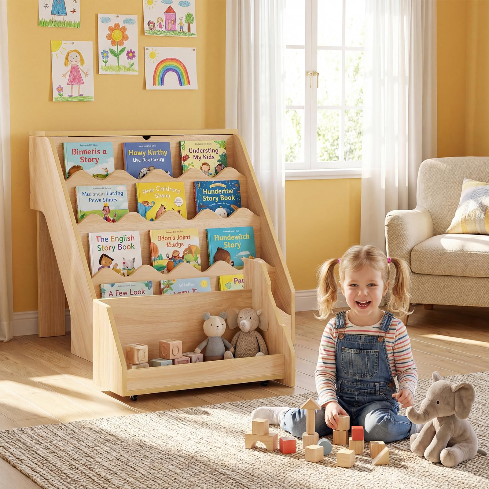 COSTWAY Libreria Montessoriana per Bambini 2in1, Scaffale per Libri a 4 Livelli con Carrello Portagiochi, Vano con Coperchio Ribaltabile, per Cameretta e Stanza dei Giochi, 63x49x61,5 cm (Naturale)