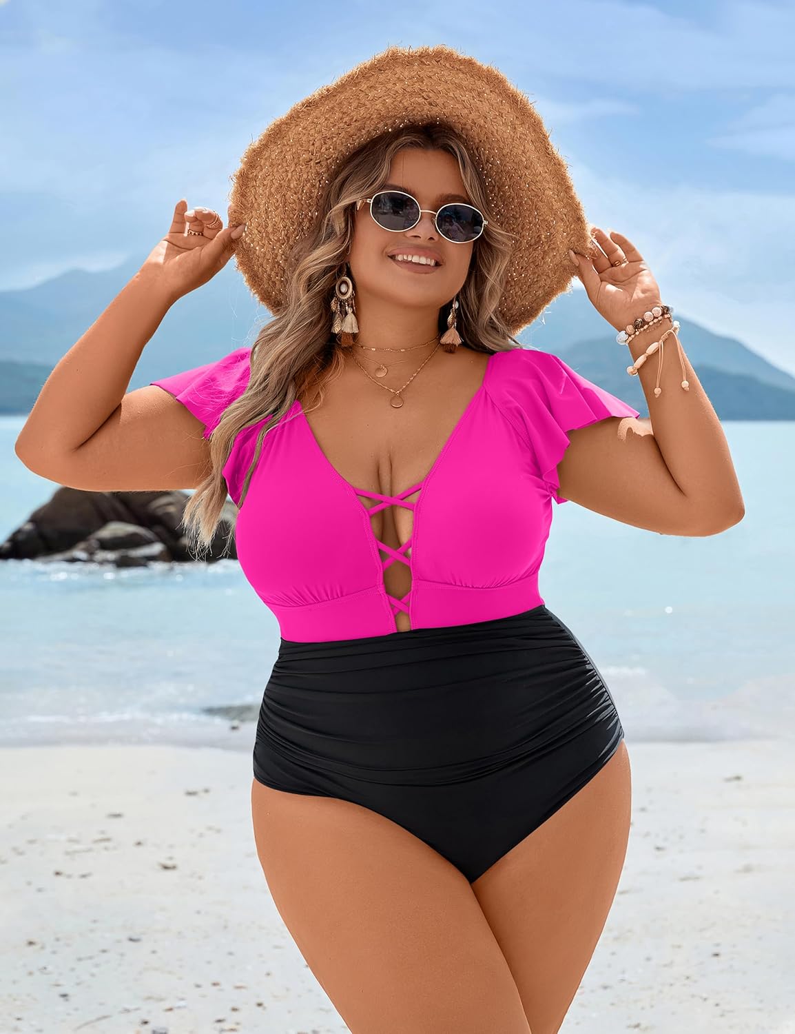 Blooming Jelly Women's Plus Size One Piece Swimsuit Tummy Control Bathing Suit Cute V Neck Maternity Swimwear - Image 3