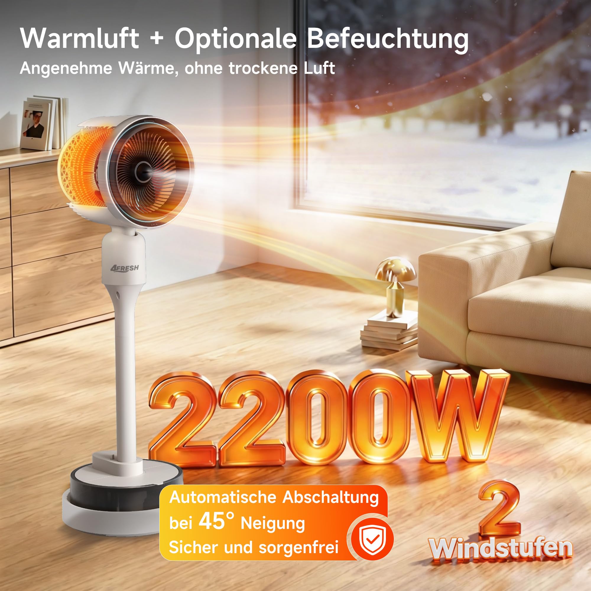 4-in-1 Multifunktionsventilator mit Wasserkühlung, Heizlüfter, Luftbefeuchter & Negativionen, 3 Windstufen, 60° horizontale Oszillation, 12h Timer, Wassertank, Kühlakku, Weiß