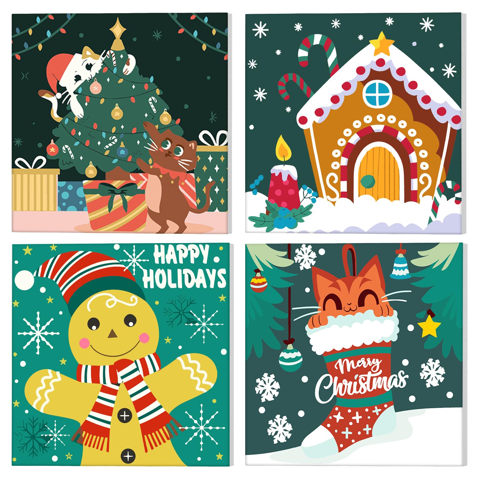 NAIMOER 4 Pack Framed Paint by Numbers Christmas for Adults Kids, DIY Winter Painting by Numbers Happy New Year, Art on Canvas Gifts Home Wall Decor 8x8in